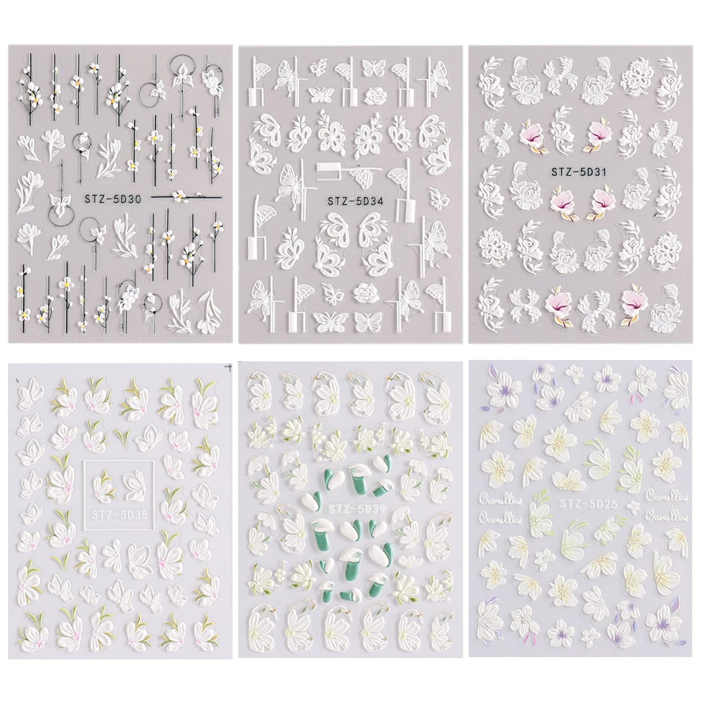 ZZIYEETTM 5D Embossed Spring Flower Nail Art Stickers Decals 6 Sheets Engraved Butterfly French Tips Nail Designs Adhesive Nail Stickers for Women