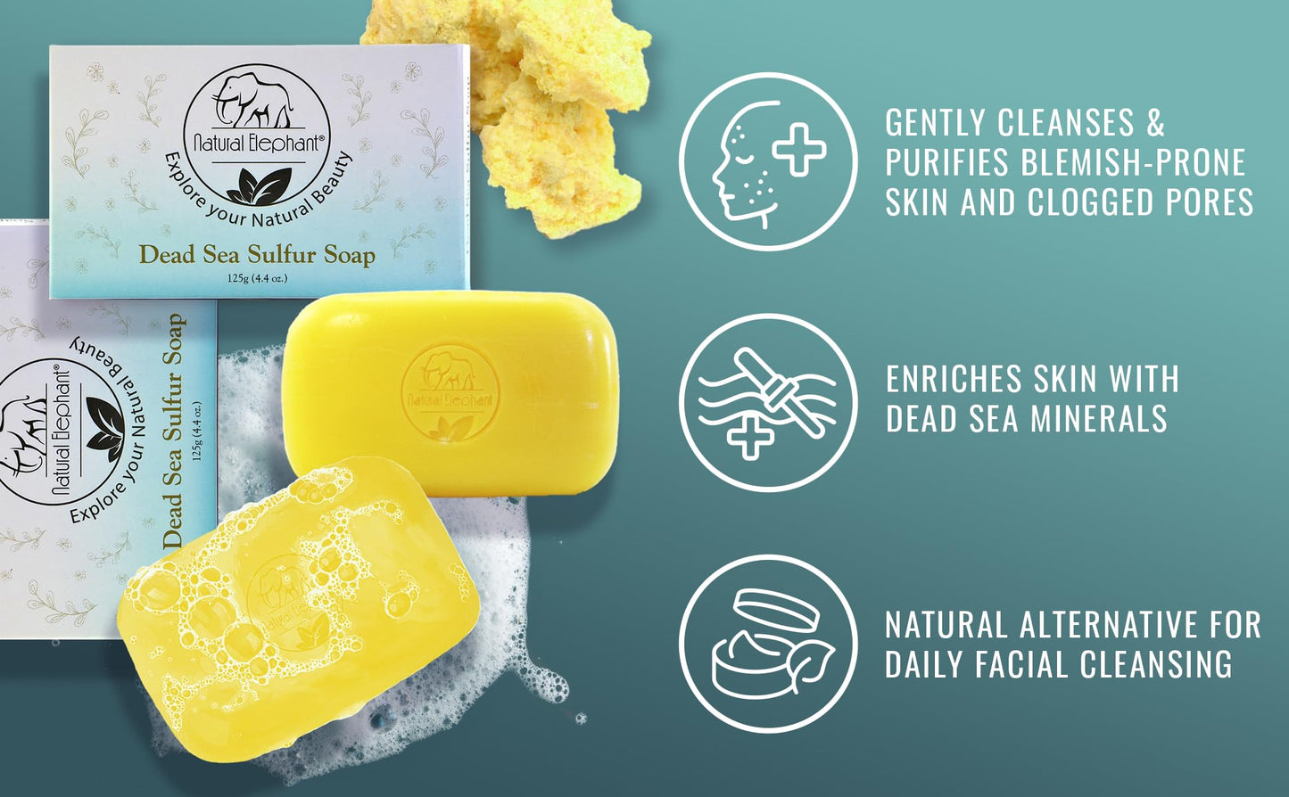 Natural Elephant Dead Sea Sulfur Soap 4.4 oz with Dead Sea Salt, Aloe Vera, Sulphur Face and Body Cleanser Bar for All Skin Types