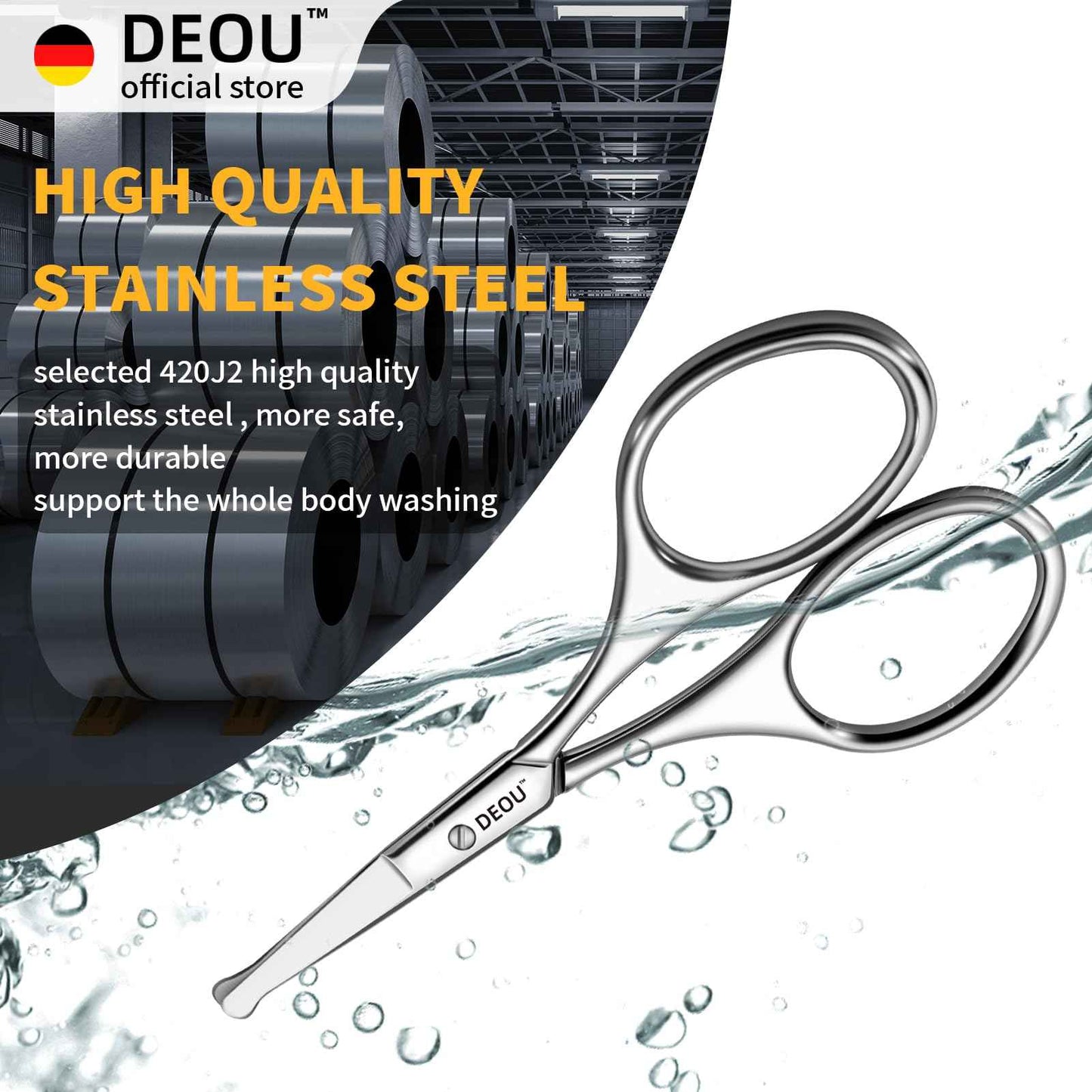 DEOU Silver Stainless Steel Round Nose Safety Scissors - Compact Facial Hair Trimming Tool for Men's Nose, Eyelashes, Eyebrows, Beard & Pet Grooming