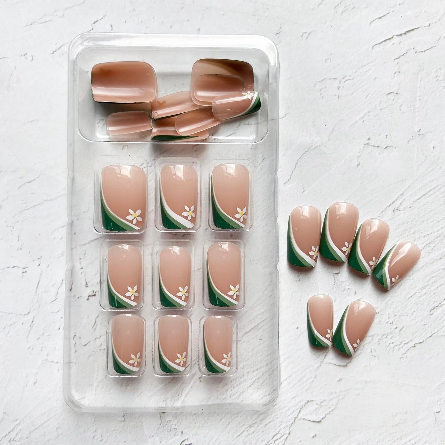 French Press on Nails Medium Fake Nails Square False Nails with Flower Design Green White Nail Tip Full Cover Glossy Artificial Nails Spring Summer Stick on Nails Flower Glue on Nails for Women Girls