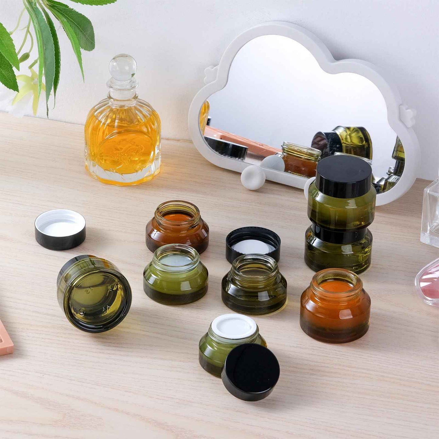 TkoYuHm 12 pack Glass Cosmetic Jars with Lids Small Lotion Containers for Traveling Green Empty Skincare Container for Face Cream Toiletries Makeup (1oz)