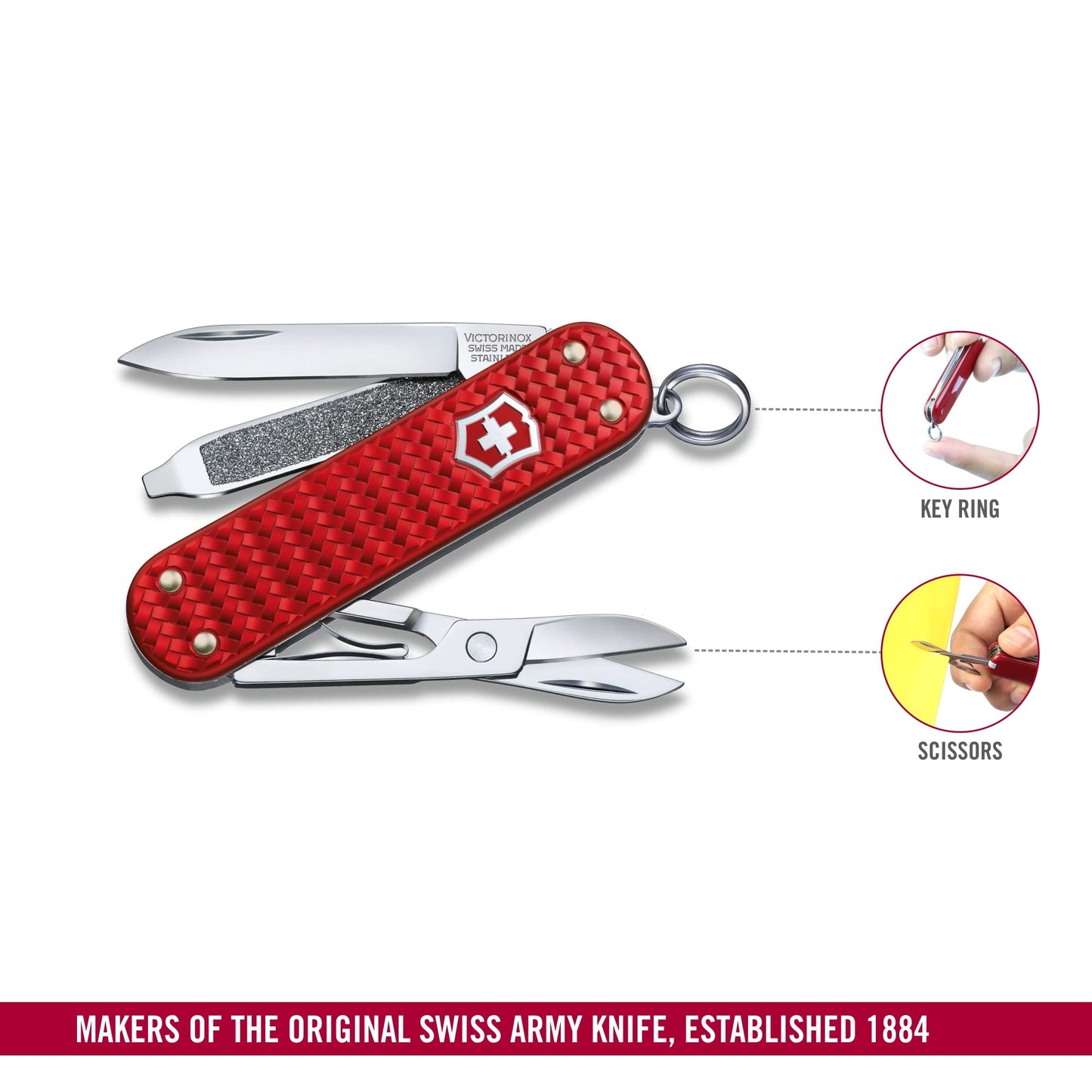 Victorinox Classic SD Precious Alox Swiss Army Knife, Compact 5 Function Swiss Made Pocket Knife with Small Blade, Screwdriver and Key Ring - Iconic Red