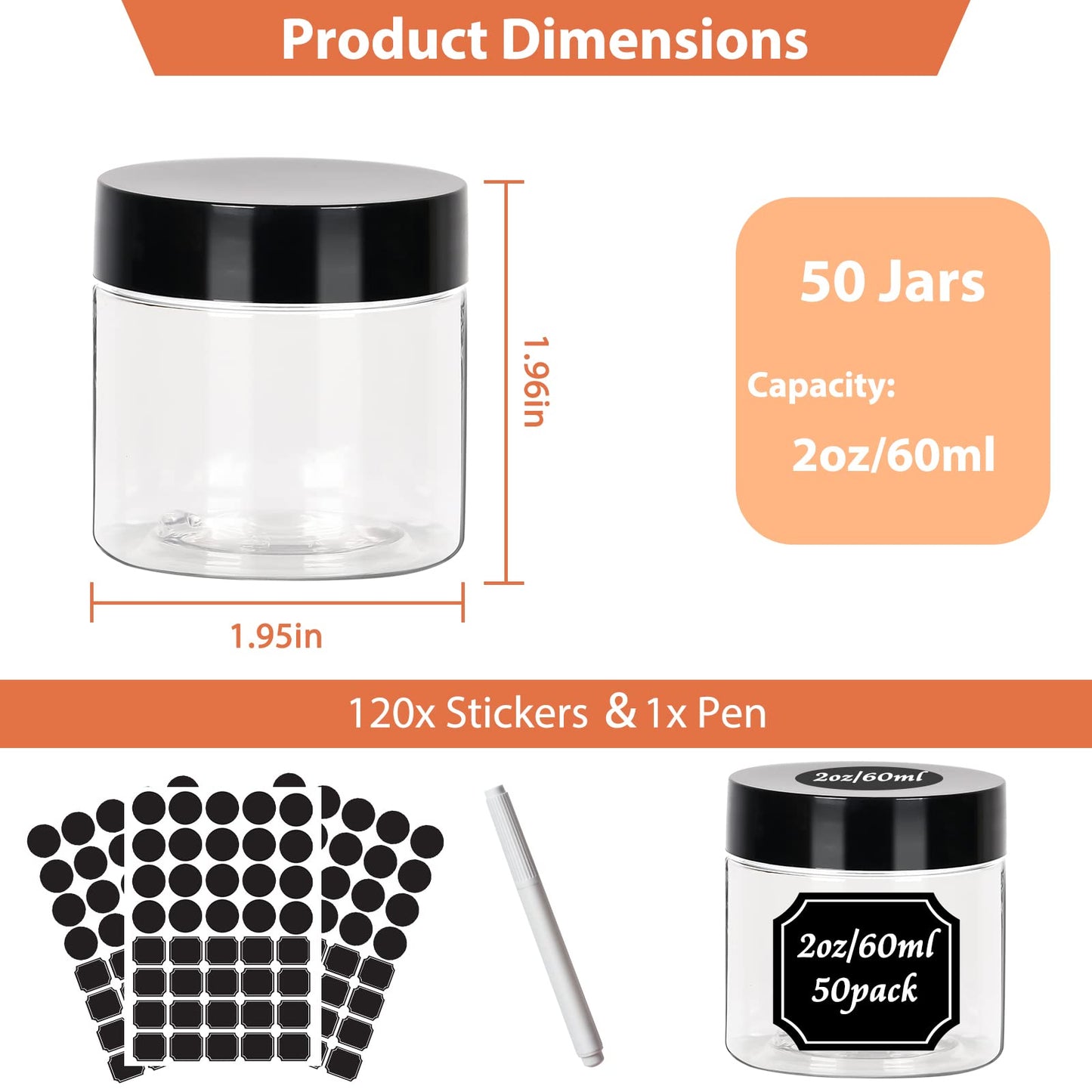 50pcs 2 oz Clear Plastic Round Jars with Black Lids, 2oz 60ml Leak-Proof Wide-Mouth Cosmetic Storage Containers for Kitchen Use, Beauty Products, Cream, Scrubs, Bath Salt and More