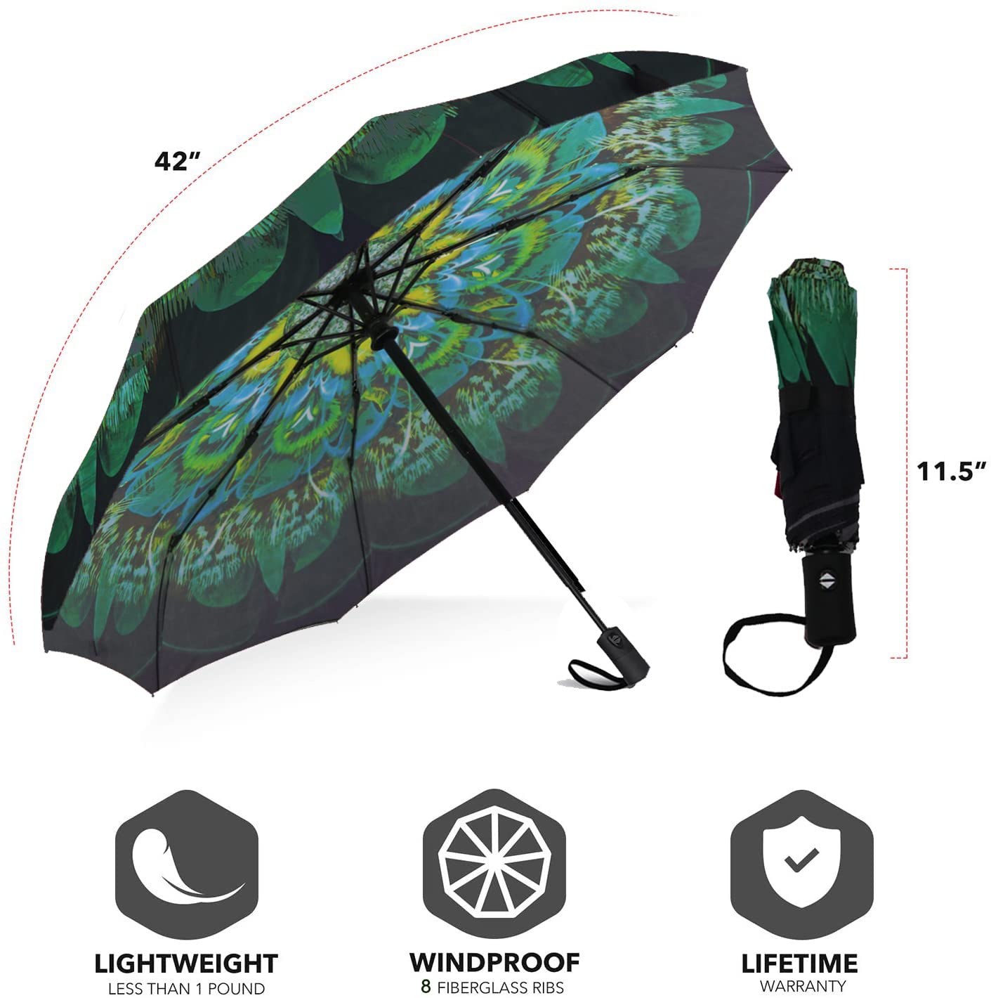 SIEPASA Windproof Travel Compact Umbrella-Automatic Umbrellas for Rain- Folding Umbrella, Travel Umbrella Compact, Small Portable Windproof Umbrellas for Men Women Teenage. (Green Peacock)