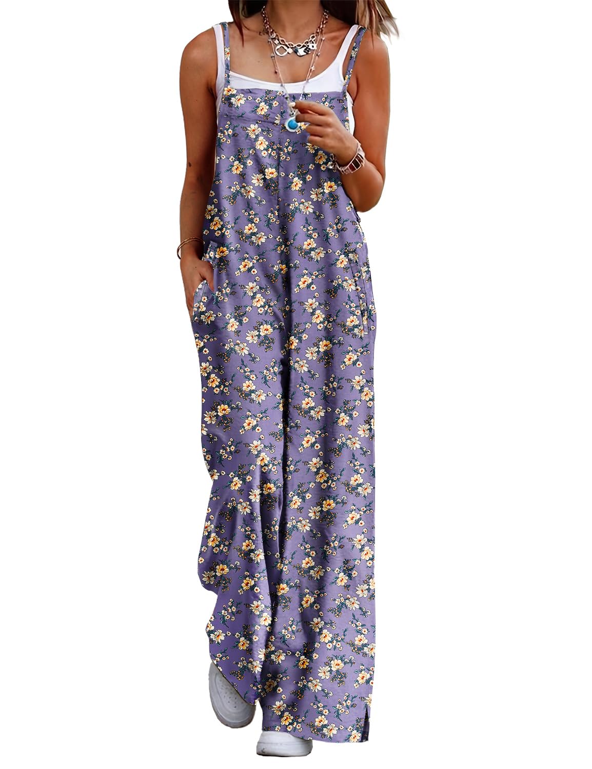 YESNO Women's Summer Boho Casual Jumpsuits Wide Leg Overalls Floral Print Baggy Rompers with Pockets XS PZZCR 08