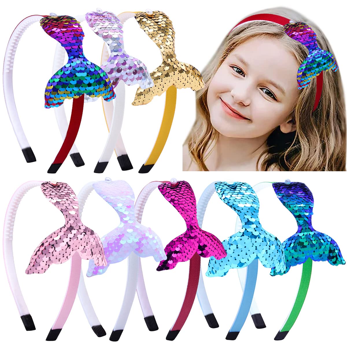 Mermaid Headband Laser Star Glitter Hair Band Starfish Sequin Hair Accessories Girls Women Birthday Seaside Pool Party (Ls Rose Red Mermaid)