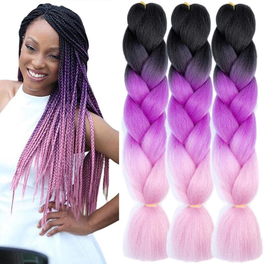 TENGSHUO FLY Black Dark Purple Light Purple Braiding Hair 3 Packs Synthetic Braid Hair Extensions Ombre Braiding Hair 24"or Box Braids Twist Crochet Braids(24"3Pack,Black-Dark Purple-Light Purple)