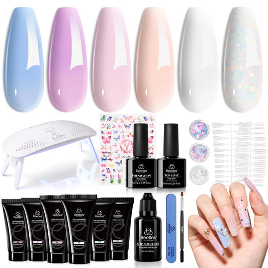 Beetles Poly Extension Gel Nail Kit, 6 Colors Nude Pink Blue Purple White Glitter Butterfly Poly Nail Enhancement Kit for Beginners with Everything, All in One for Starter Nail Art Design Home Salon