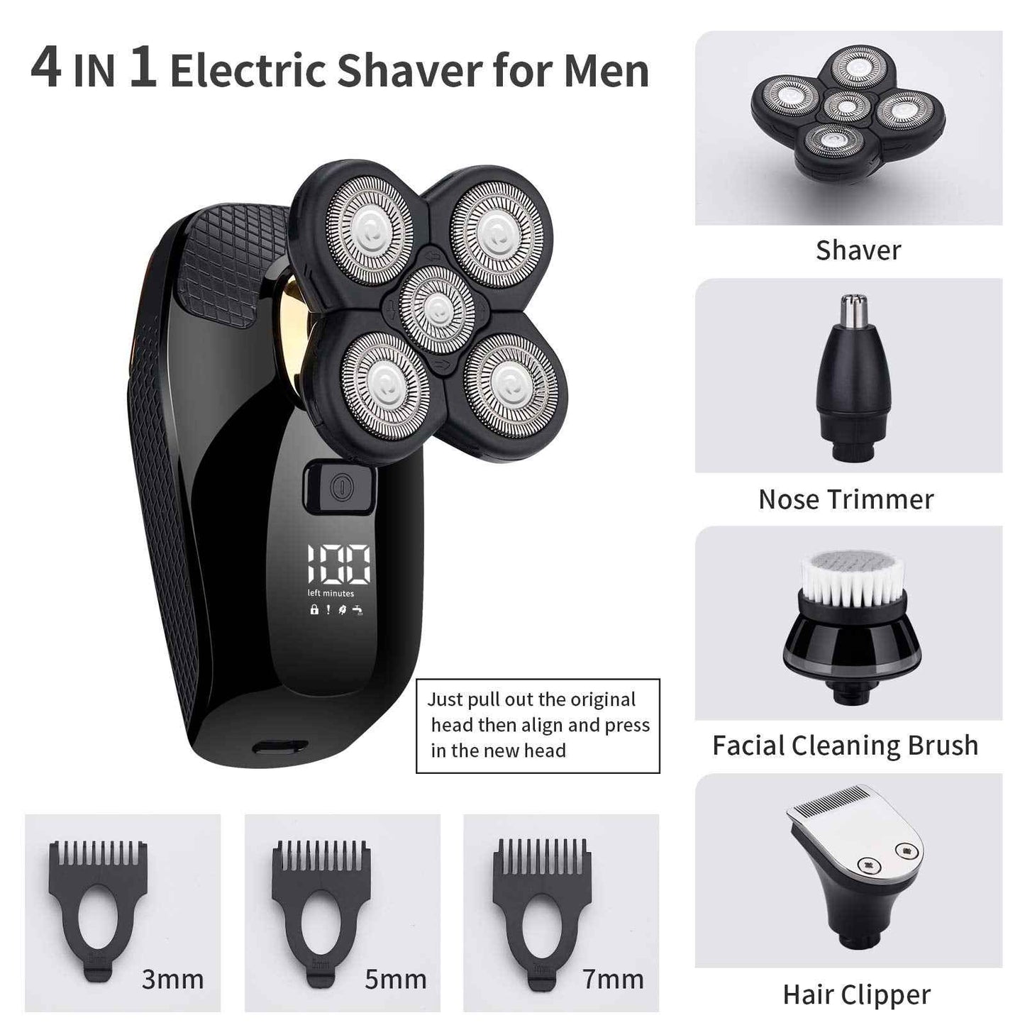 HONTEC 4 in 1 Electric Head Shaver Set - Bald Shaver, Wet & Dry, Cordless, with Nose & Ear Trimmer, Facial Cleansing, Rechargeable, IPX6 Waterproof