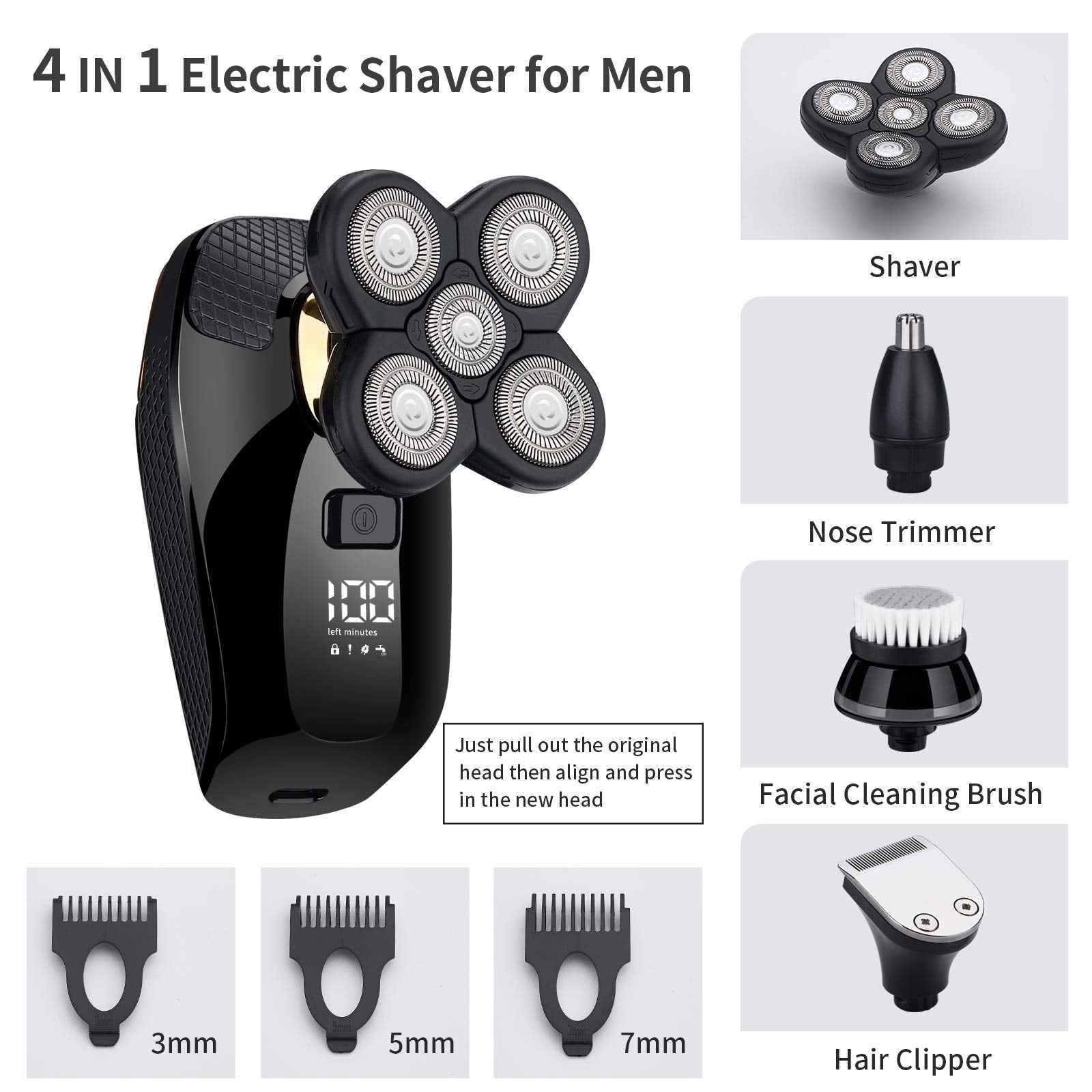 HONTEC 4 in 1 Electric Head Shaver Set - Bald Shaver, Wet & Dry, Cordless, with Nose & Ear Trimmer, Facial Cleansing, Rechargeable, IPX6 Waterproof