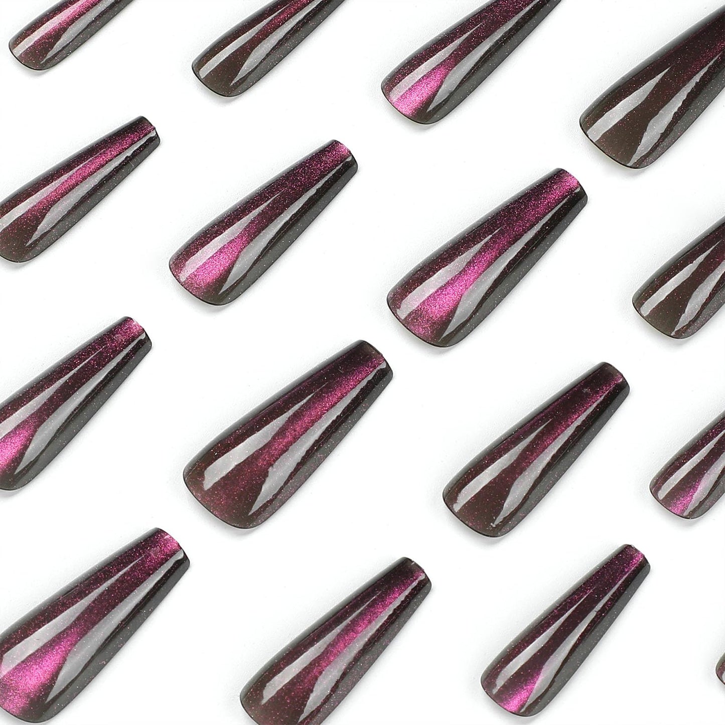 Long Press on Nails Coffin Purple Cat Eye Fake Nails Press ons Silver Glitter Full Cover Extra Long Solid Color Acrylic Nails Glossy Stick Glue on Nails for Women Girls 24 Pcs