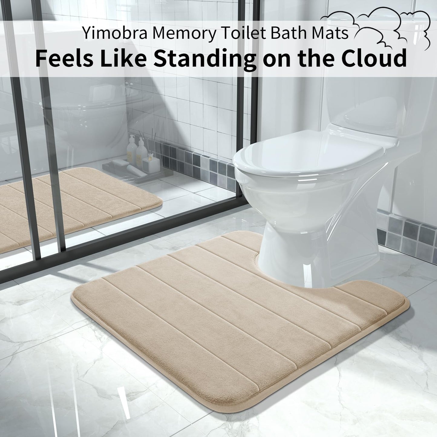 Yimobra Memory Foam Toilet Bath Mat U-Shaped, Soft and Comfortable, Super Water Absorption, Non-Slip, Thick, Machine Wash and Easier to Dry for Bathroom Commode Contour Rug, 24 X 20 Inches, Beige