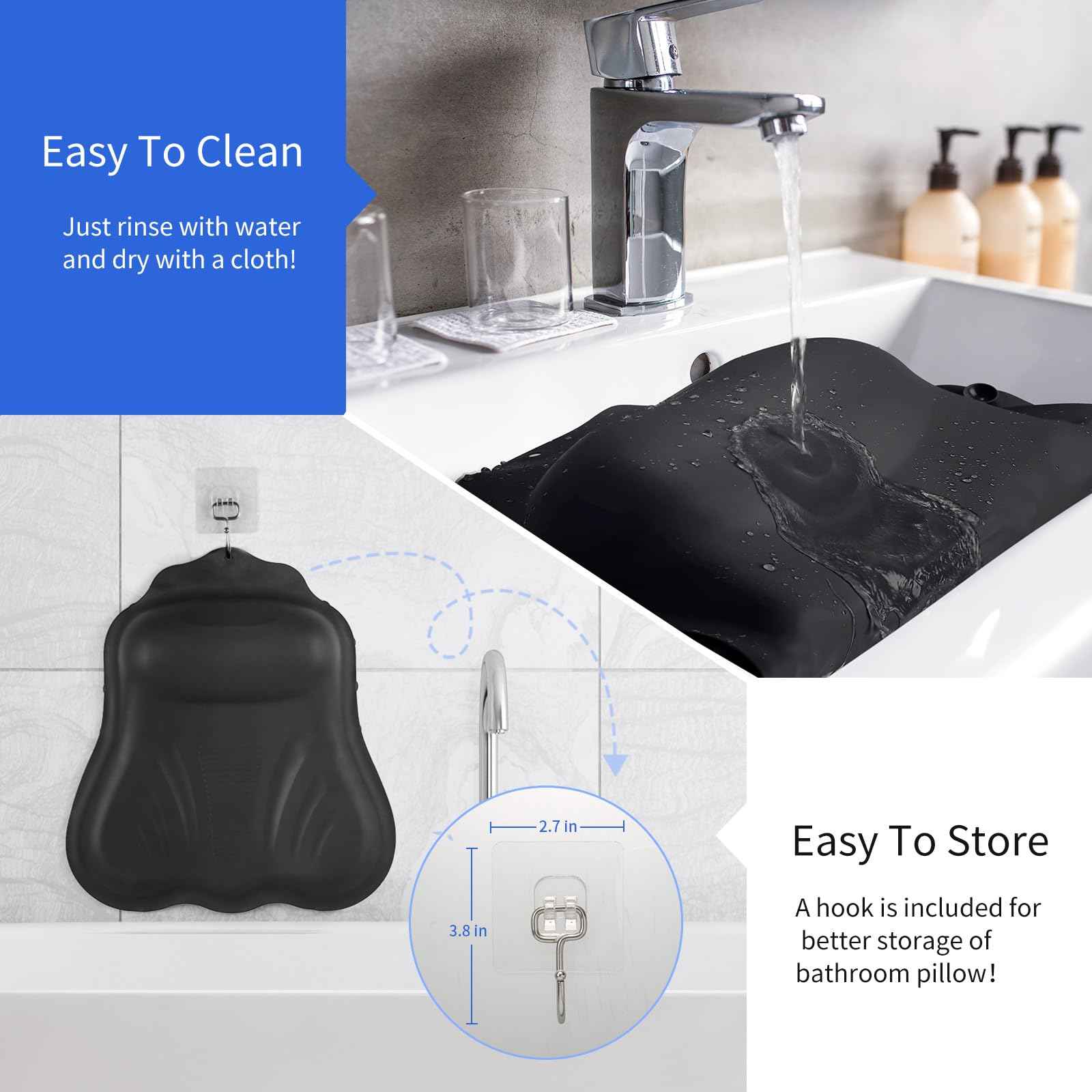 Goowin Bath Pillows for Tub, New Generation Skin-Friendly Silicone Bath Pillow, Luxury Bathtub Pillow for Head and Neck, Powerful Suction Tub Pillow for Bathtub with Inflatable Airbag (Black)