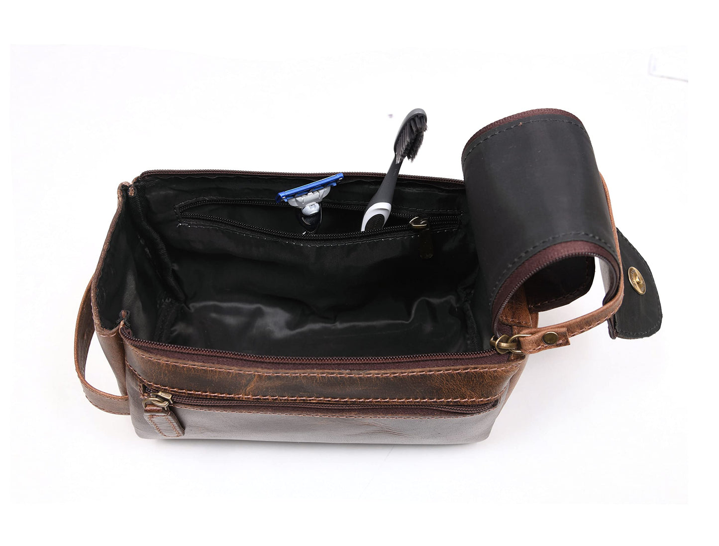 Leather Toiletry Bag for Men 9 Inch | Grooming Travel Kit | With Waterproof Lining | By Aaron Leather Goods (Raven Brown)