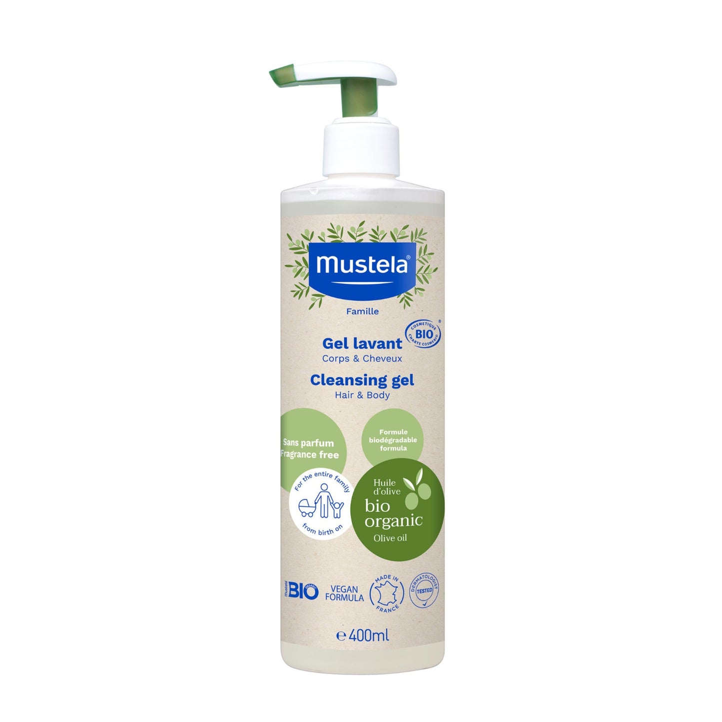 Mustela Certified Organic Bath & Body Gift Set - Fragrance-Free Skin Care Essentials with Olive Oil & Aloe Vera - Contains Cleansing Gel & Hydrating Cream for Baby, Kid & Adult - 2 Items Set