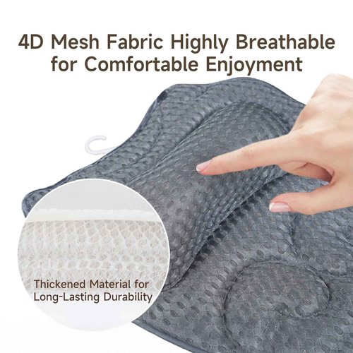 Bath Pillow with 48 Strong Suction Cups - 4D Air Mesh Bathtub Pillow for Neck, Head, Shoulder & Back Support - Extra Thick, Quick-Drying Spa Pillow with Built-in Hook(Grey)