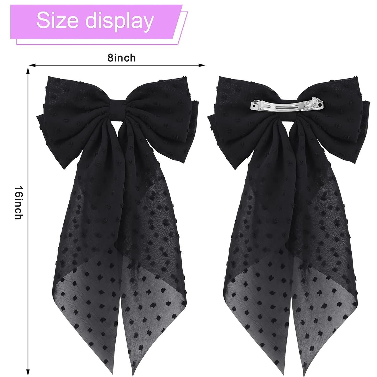 2PCS Large Hair Bows Ribbon Hair Clips, Double Layers Big Bow Hair Clip With Long Tail Ribbon Bowknot Hair Barrettes, Ponytail Holder Hair Accessories for Women Girls (Black+Red)