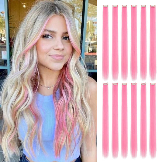 Wodelanle 12 PCS Colored Pink Hair Extensions Clip in Hair Extensions Colorful 24 Inch Straight Synthetic Hairpiece Colored Hair Extensions for Kids Girls Women Party Highlights