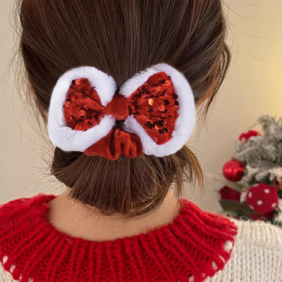 2PCS Christmas Bow Hair Ties Velvet Scrunchies Elastics Hair Band Ponytail Holder Xmas Red Sequins Bowknot Hair Ropes for Women Girls Christmas Hair Accessories