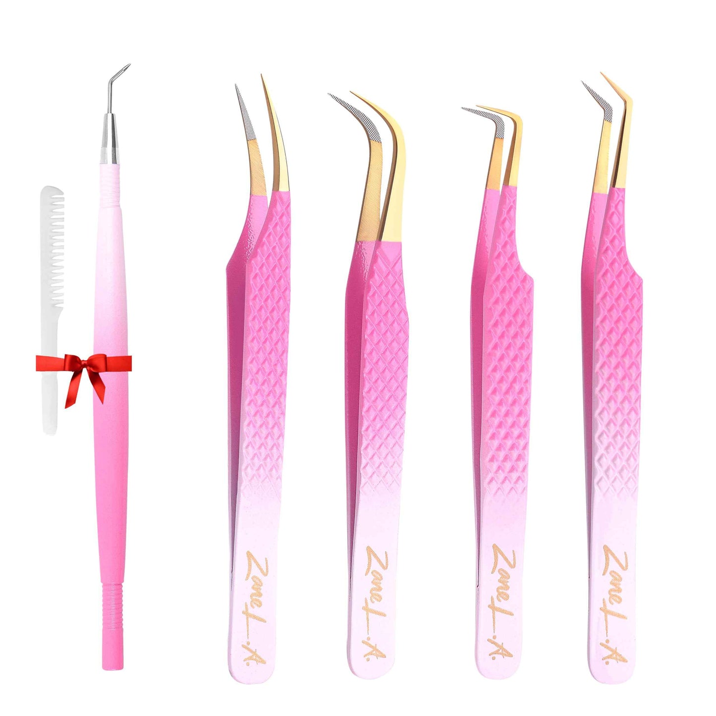 Zane L.A. Nano Fiber Tip Professional Eyelash Extension Tweezers, a pack of 4, Quality tweezers made with Japanese Stainless Steel, FREE Eyelash Separator. (Pink and White)
