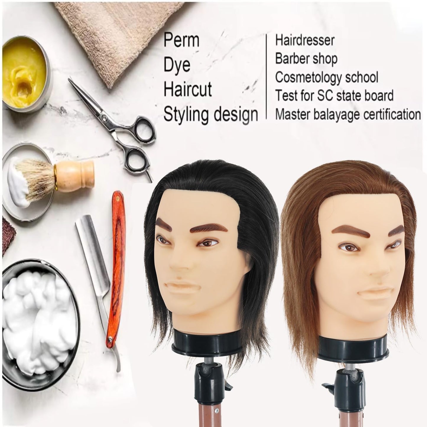 Male Mannequin Head with Human Hair 12'' Barber Mannequin Head Practice Male Haircut 100% Manikin Head Doll Head for Hairdresser Cutting Styling with Clamp Stand (Brown)