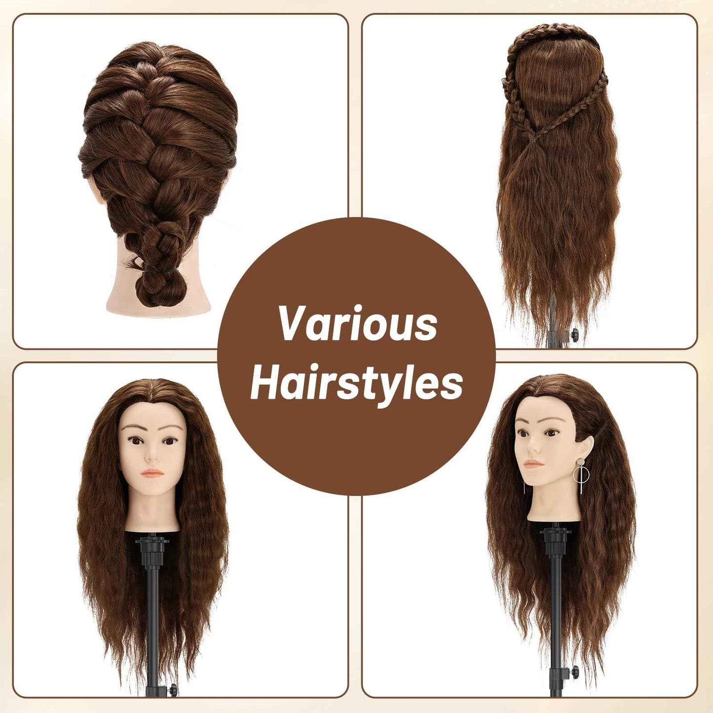 Yekavo Mannequin Head with 90% Human Hair, 24" Female Real Hair Cosmetology Mannequin Head Hair Styling Manikin Head Doll Head for Hairdresser Practice Training with Clamp Holder and Tools (Brown)