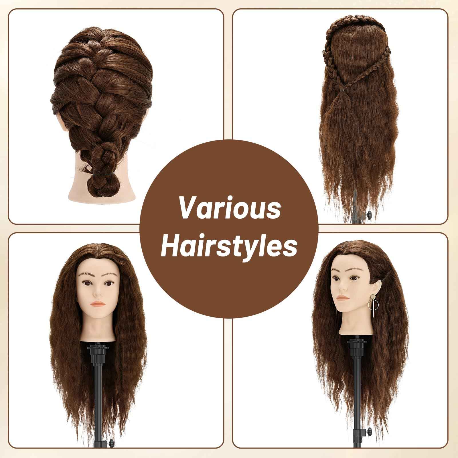 Yekavo Mannequin Head with 90% Human Hair, 24" Female Real Hair Cosmetology Mannequin Head Hair Styling Manikin Head Doll Head for Hairdresser Practice Training with Clamp Holder and Tools (Brown)