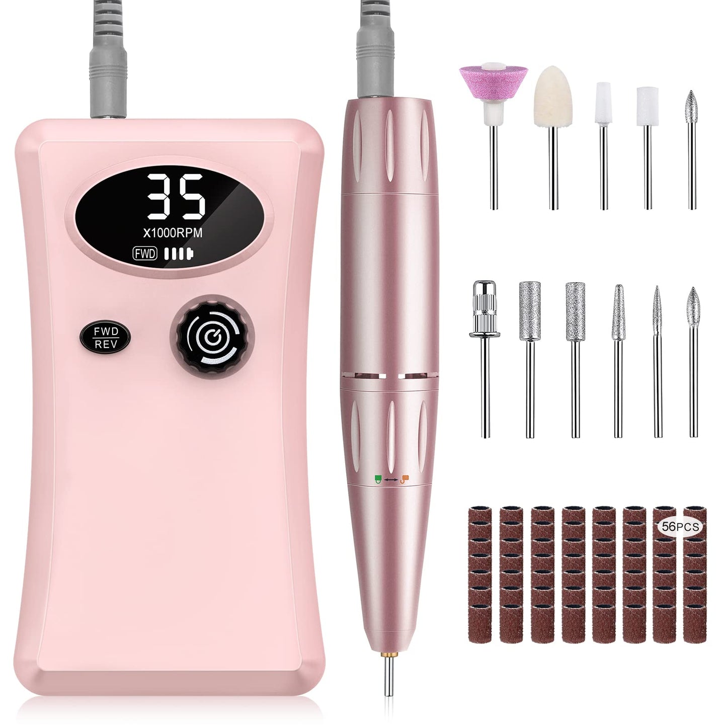 Electric Nail Drill, Urbuti 35000RPM Professional Nail Drill Machine, Portable Rechargeable File Machine Set for Acrylic Gel Nails, Manicure Pedicure Tools for Home and Salon Use(Pink)