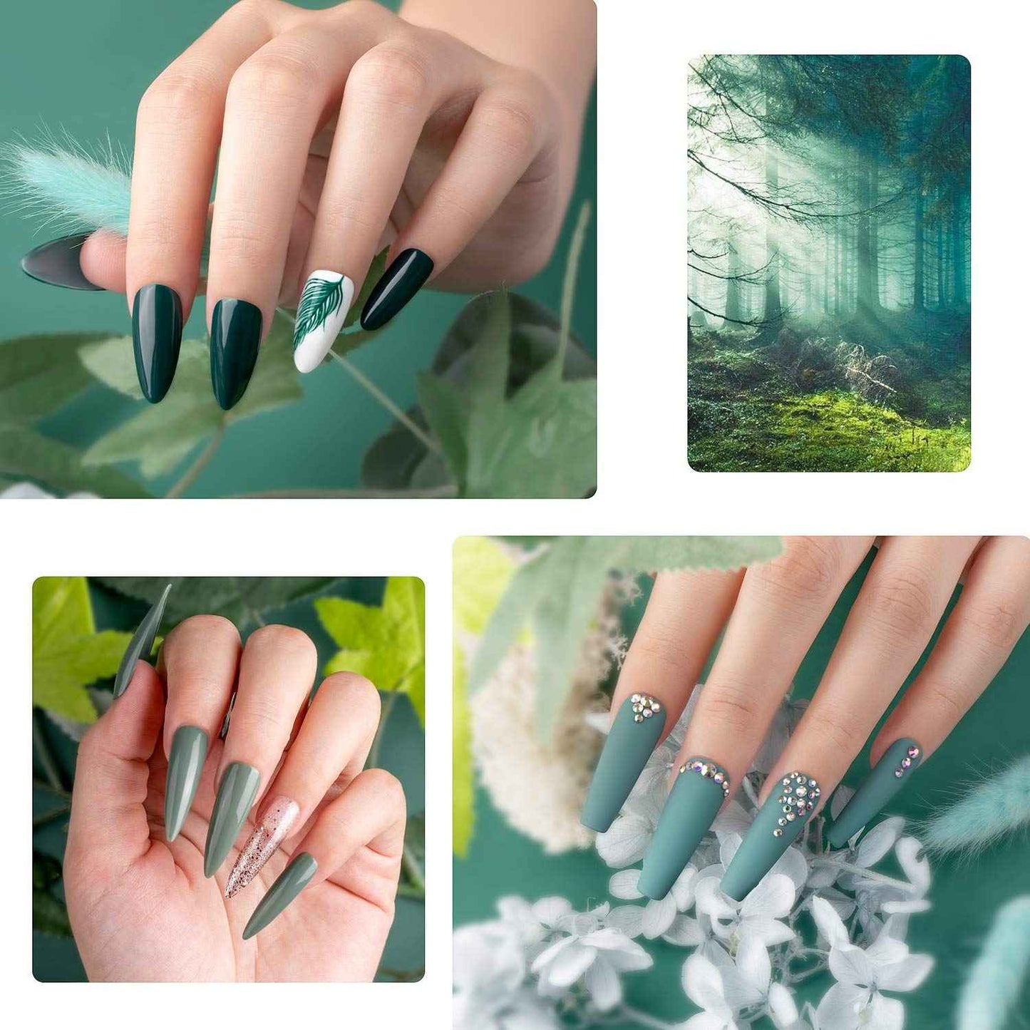 Beetles Blue Green Gel Nail Polish Kit - 6 Colors Misty Gray Dark Green Gel Polish With 3 Pcs Base coat No Wipe Top Coat - Matte Gel Top Coat
