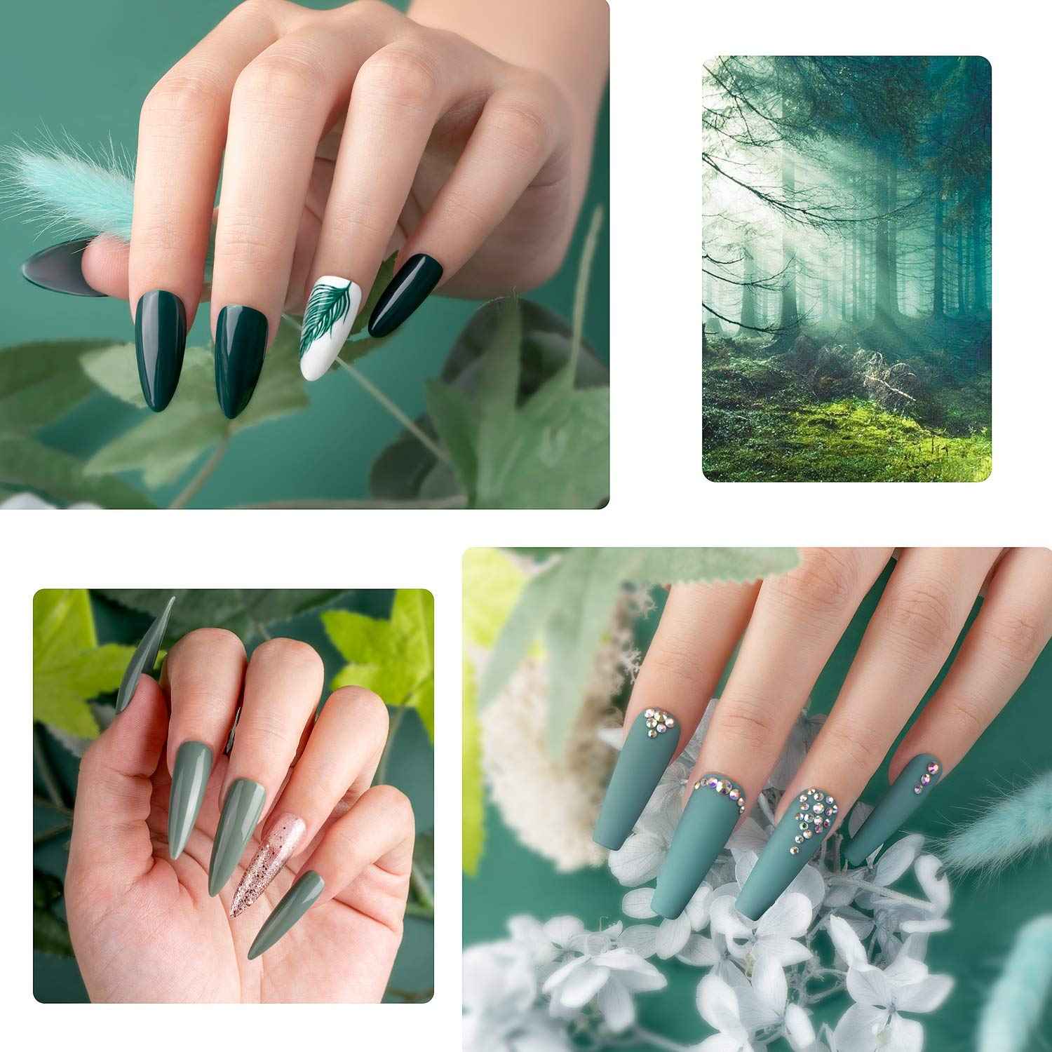 Beetles Blue Green Gel Nail Polish Kit - 6 Colors Misty Gray Dark Green Gel Polish With 3 Pcs Base coat No Wipe Top Coat - Matte Gel Top Coat
