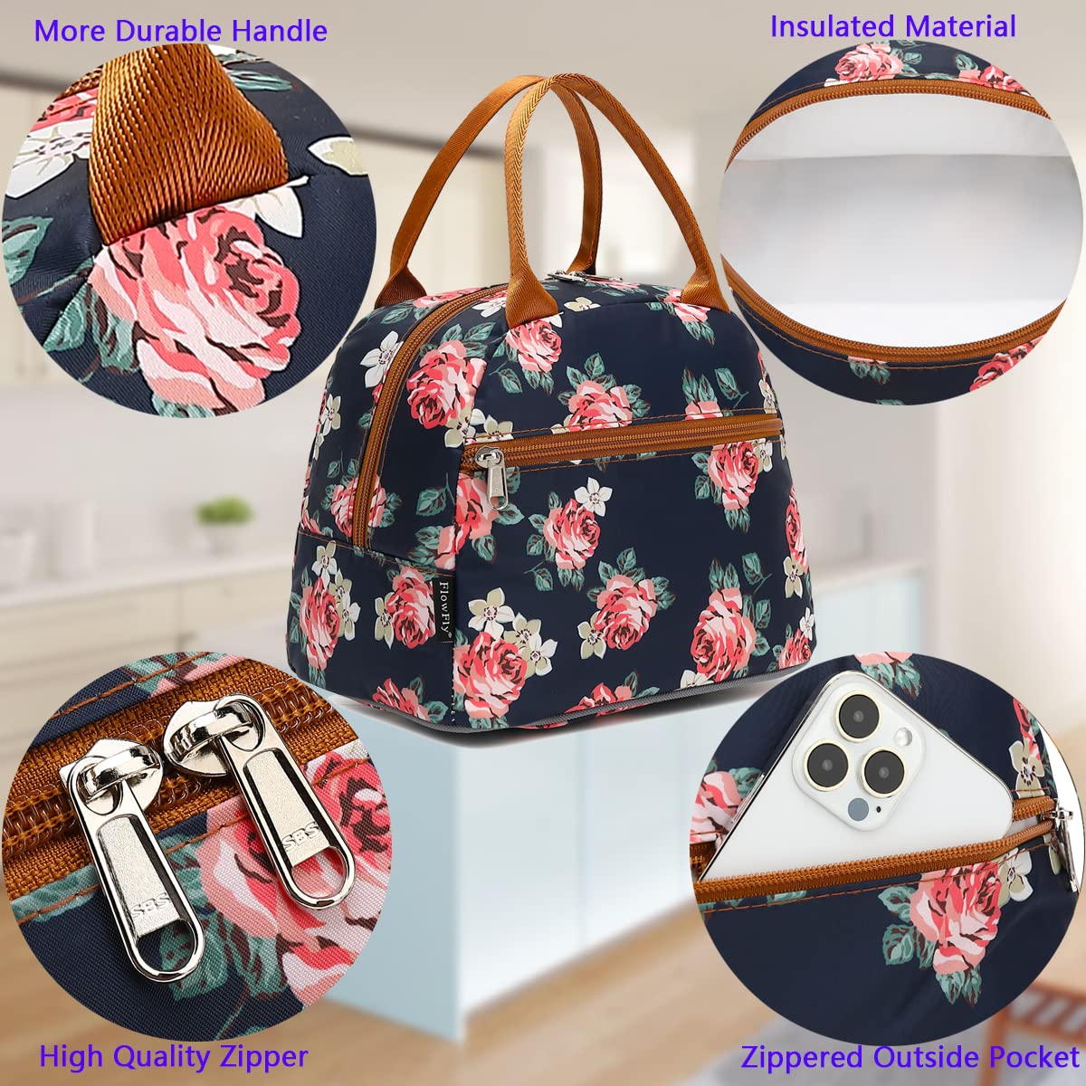 FlowFly Lunch Bag Tote Bag Lunch Organizer Lunch Holder Insulated Lunch Cooler Bag for Women/Men, Rose