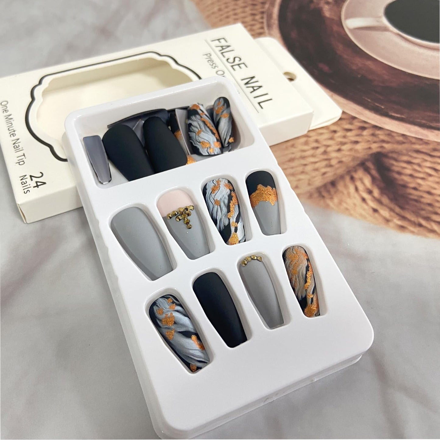 Gold Foil Rhinestones Press on Nails Long Coffin Nails Gray Marble Fake Nails Reusable Artificial False Nails Full Cover Stick on Nails with Glue on Nails for Women DIY Charm Manicure