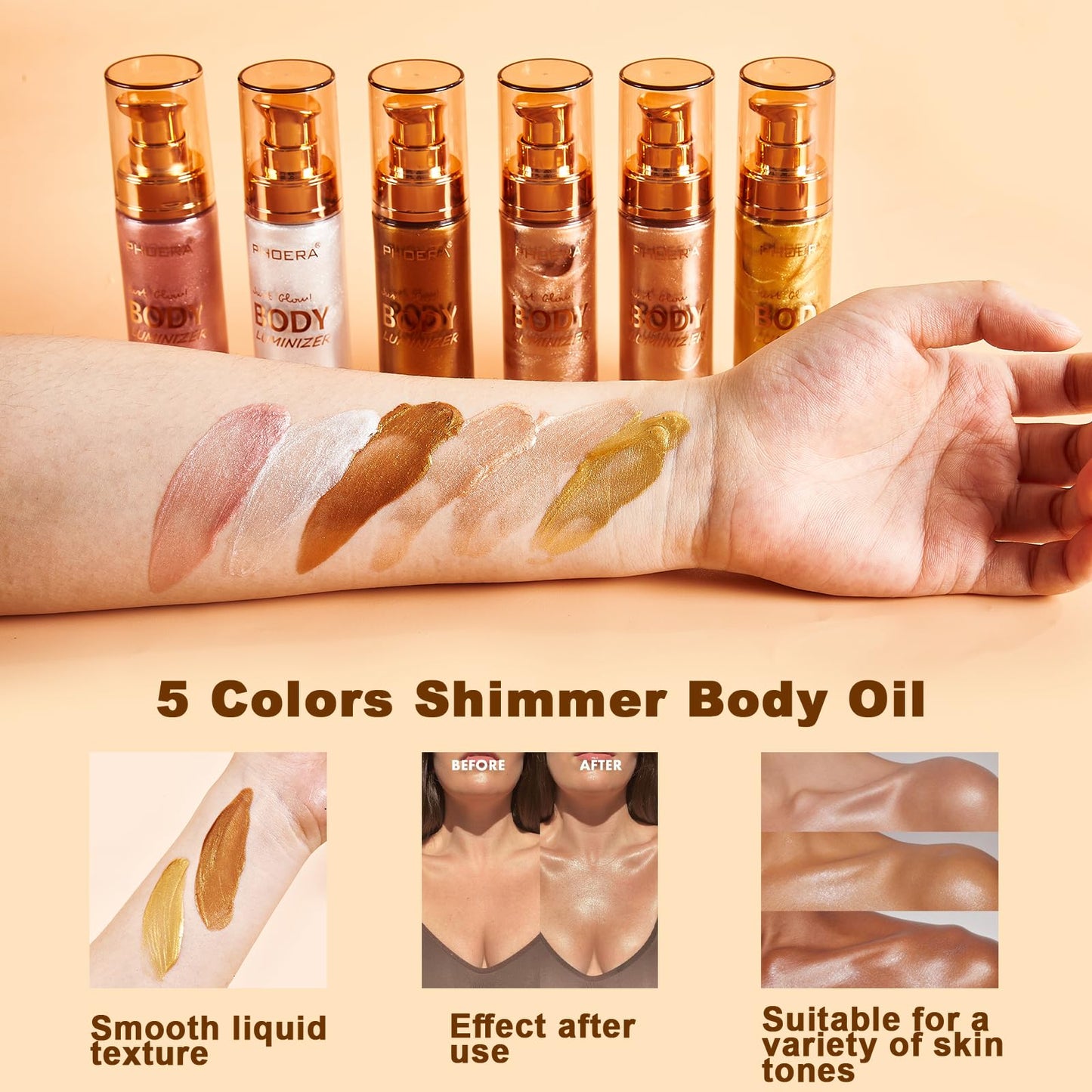 PHOERA Body Shimmer Oil, Body Bronzer Shimmer Oil,Body Glow Oil Shimmer Highlighter Luminizer Body Illuminator with Makup Bursh,Self Tanning Lotion,1oz/Jars (102 Metallic Gold)