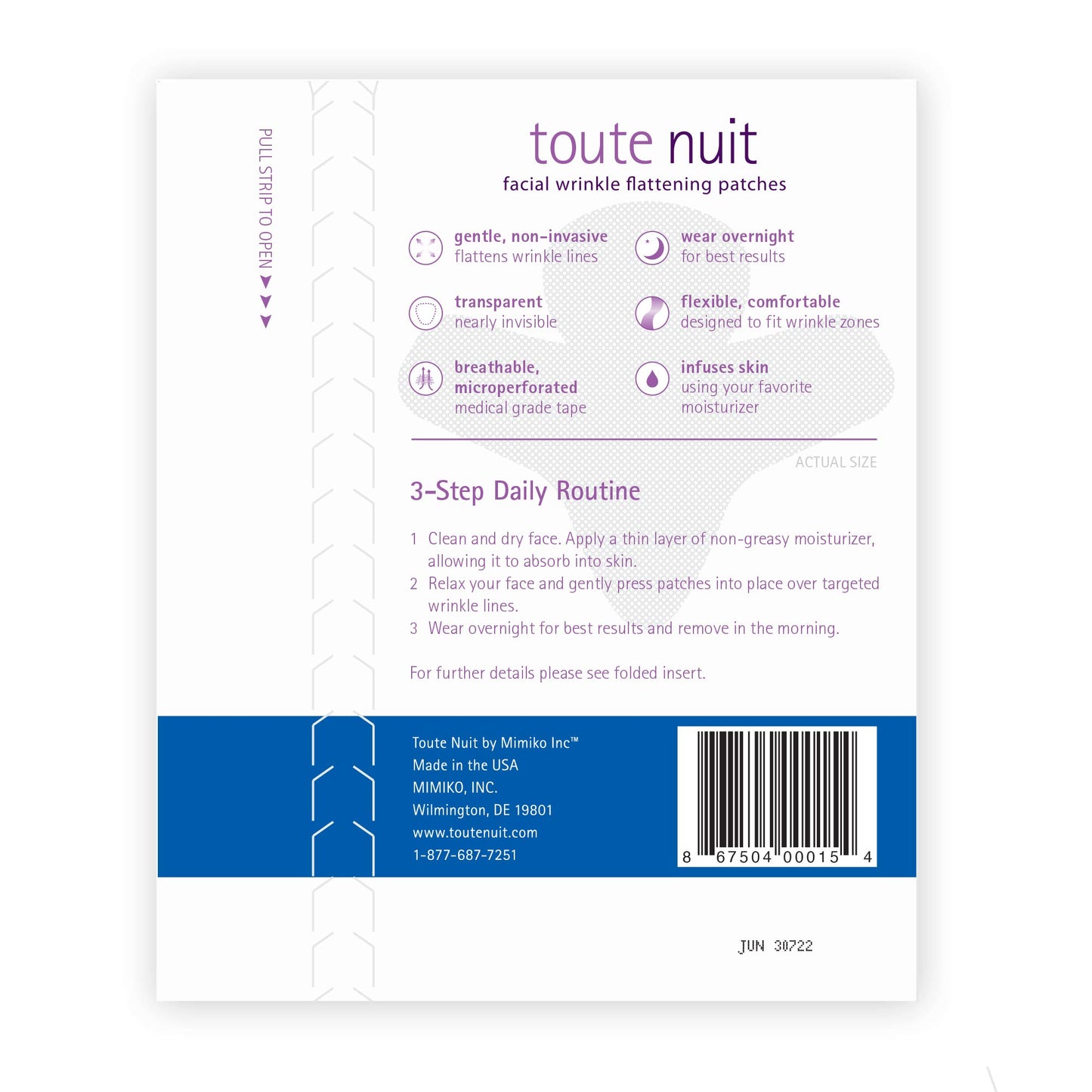 Toute Nuit Wrinkle Patches, Face Tape, Jet - Extra Large UNISEX Frown Lines Plus and Forehead - 20 Patches