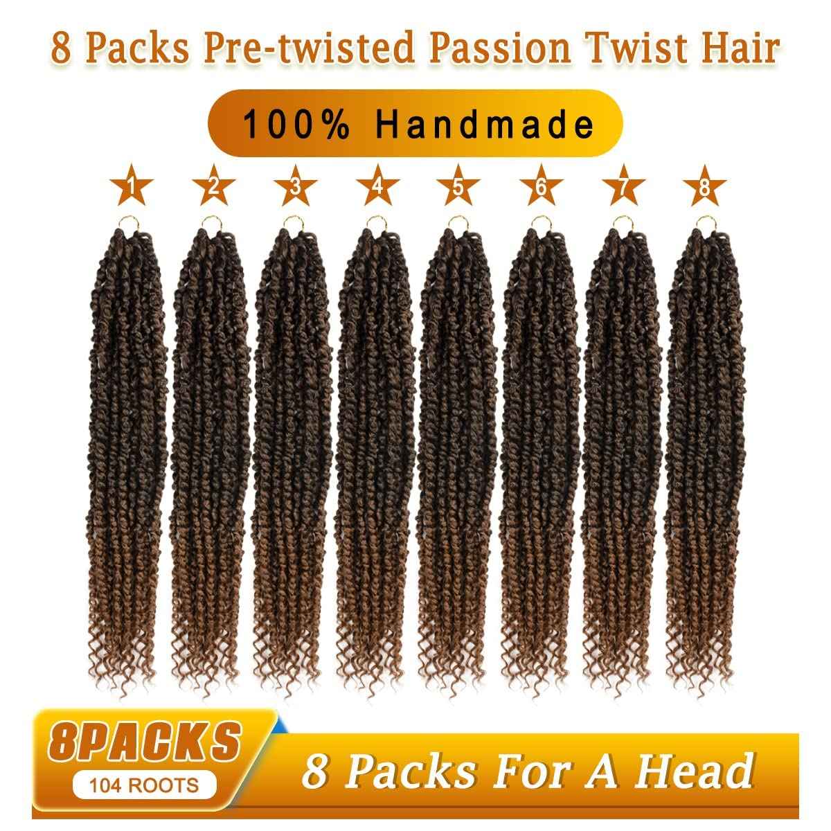 Nice One Long Passion Twist Crochet Hair for Women, Pre-Twisted Passion Twist Hair 24 Inch, 8 Packs Pre-Looped Ombre Brown Passion Twists Braiding Synthetic Hair Extensions (24 Inch (Pack of 8), T30)