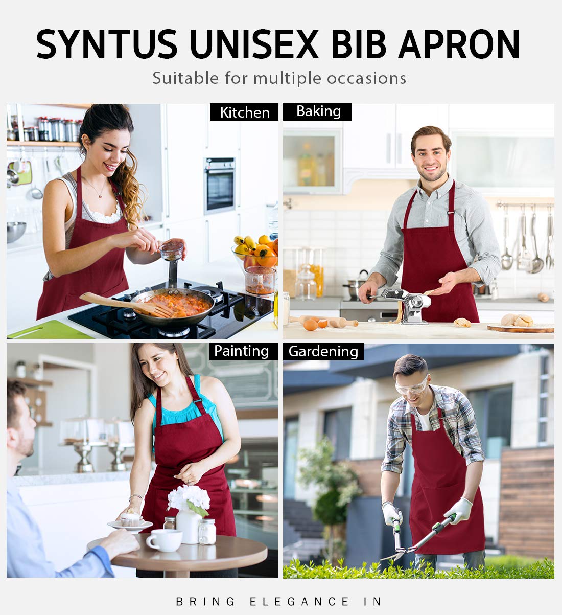 Syntus 2 Pack Adjustable Bib Apron Waterdrop Resistant with 2 Pockets Cooking Kitchen Aprons for BBQ Drawing, Women Men Chef, Dark Red