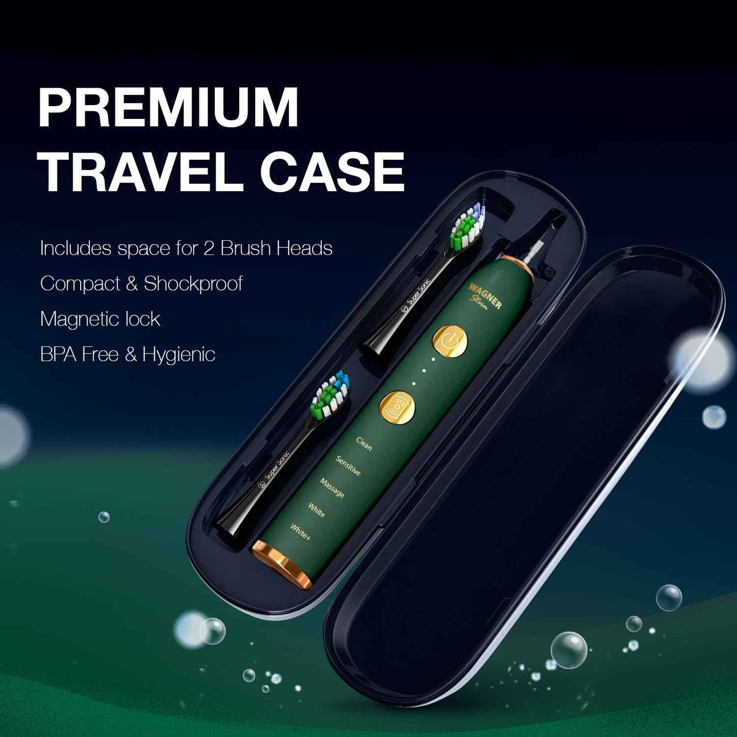 Wagner Stern WT8900 Series Electric Toothbrush – Whitening & Pressure Sensor, 5 Modes, 3 Intensities, 8 Soft Brush Heads, Rechargeable, Travel Case Included