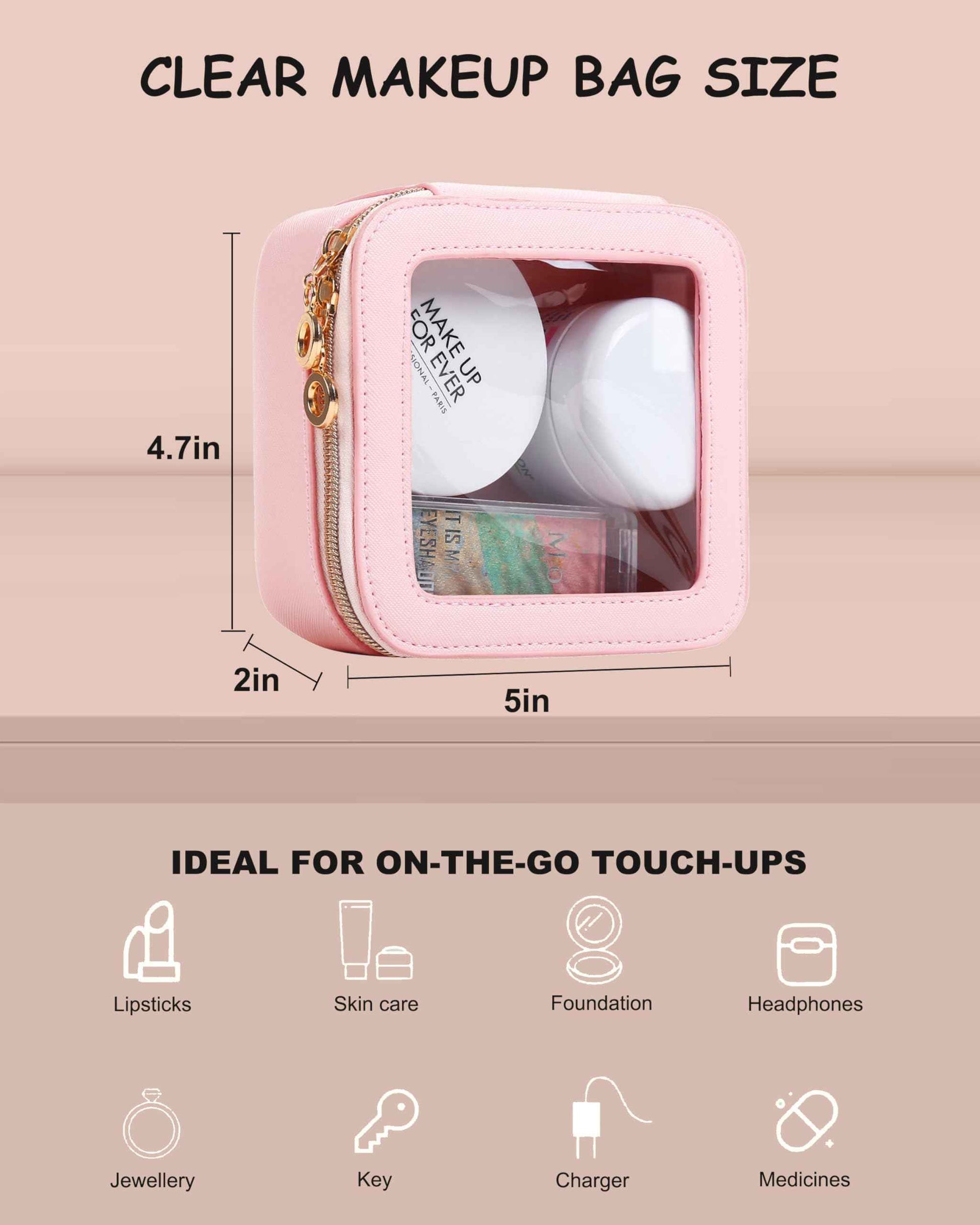 JRQCSJY Small Clear Makeup Bag for Purse, Cute Mini Clear Cosmetic Bag Case Organizer, TSA Approved Square Small Makeup Case Pouch with Zipper, Car Travel Purse Essentials for Women (Pink, S)