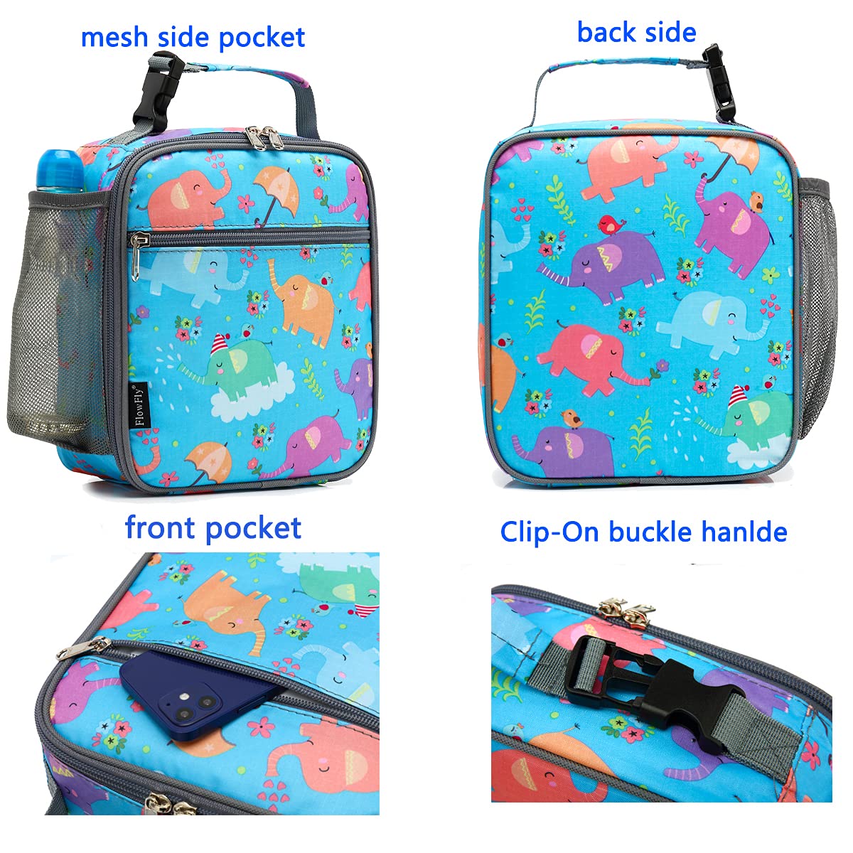 FlowFly Kids Lunch box Insulated Soft Bag Mini Cooler Back to School Thermal Meal Tote Kit for Girls, Boys, Elephant