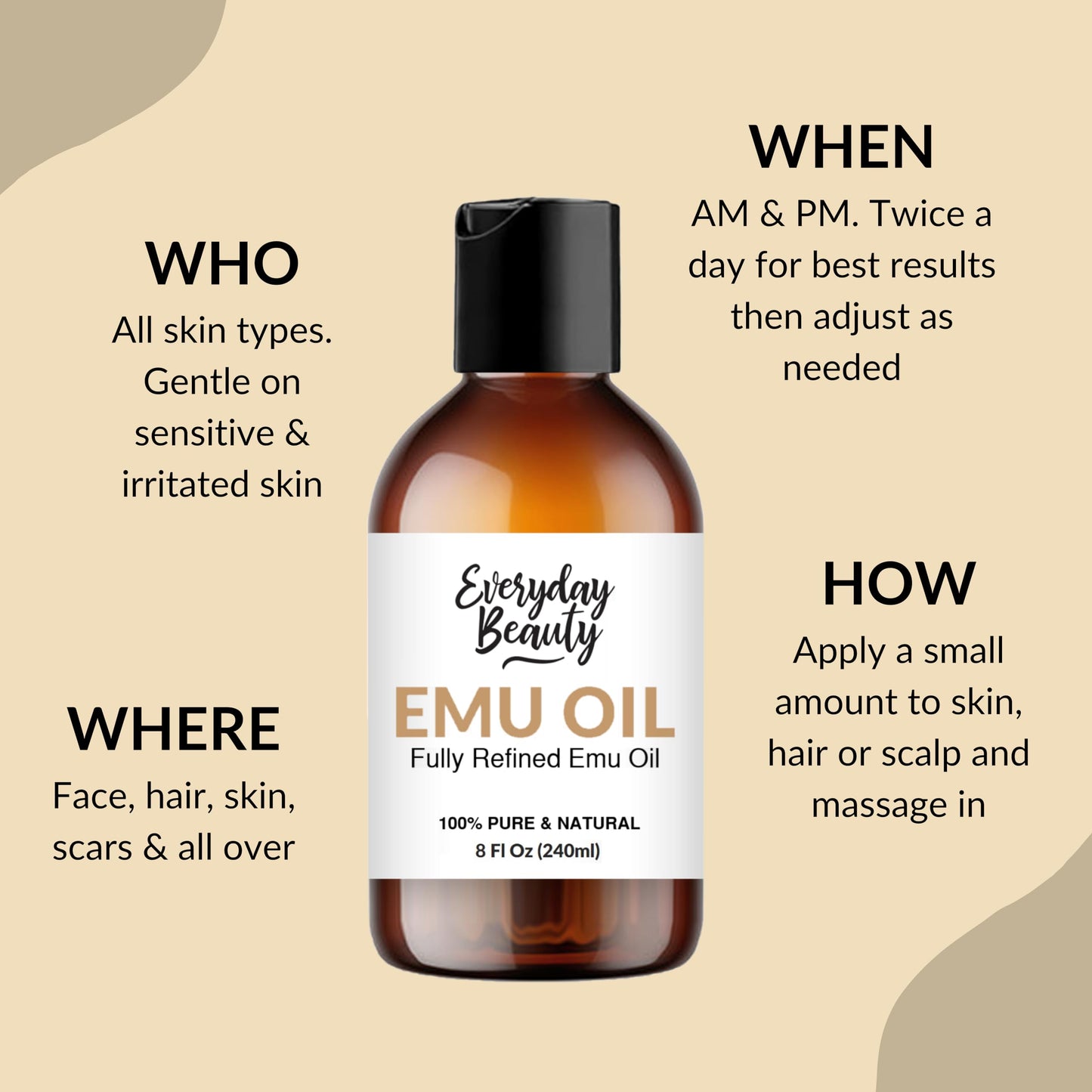 Emu Oil Bulk - 8 Fl Oz Pure & All Natural Refined Australian Emu Oil for Face, Skin and Hair - Great for Sensitive Skin and Hair Growth - For Scars and Piercings - High in Omega 3, 6 and 9 Fatty Acids