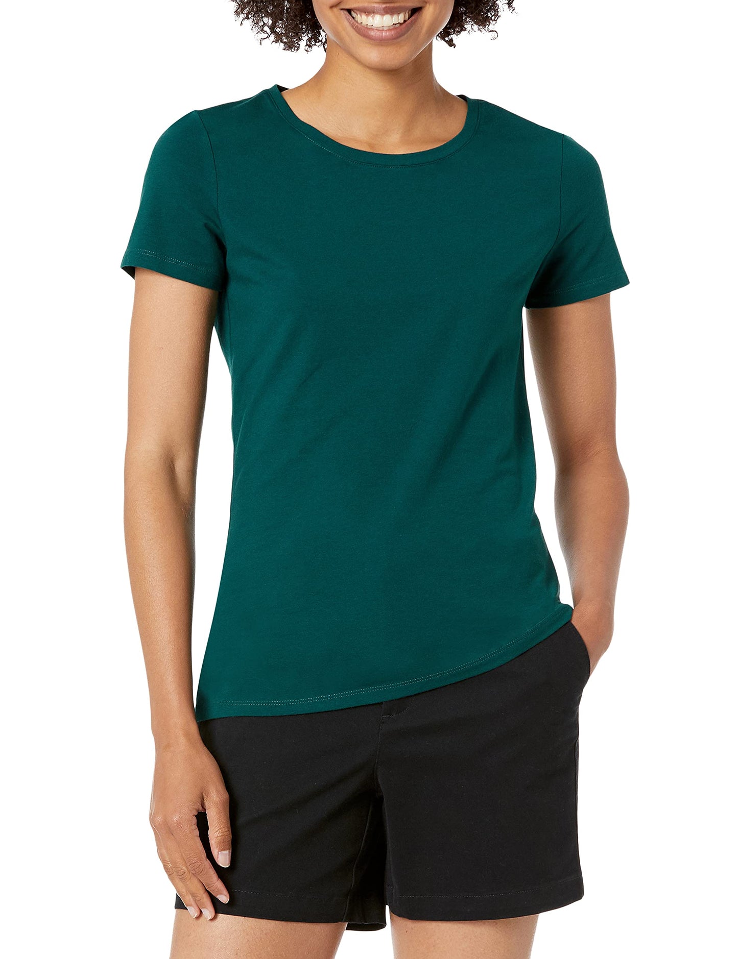 Amazon Essentials Women's Classic-Fit Short-Sleeve Crewneck T-Shirt, Pack of 2, Dark Green/Powder Blue, X-Small