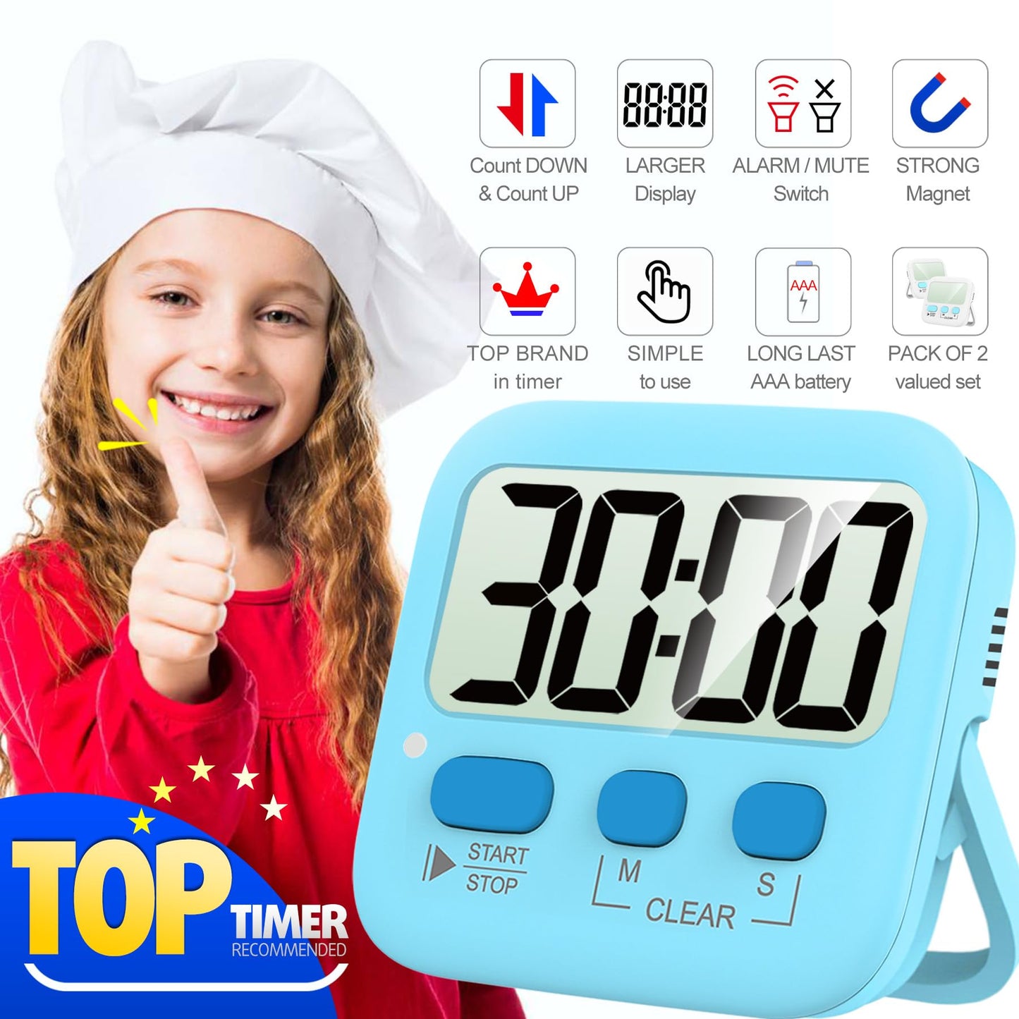 Antonki Timer, 2 Pack Timer for Kids, Kitchen Timers, Digital Timer for Cooking, Egg Timer, Classroom Timer for Teacher, Magnetic Countdown Timer for Exercise, Study, Oven - Battery Included