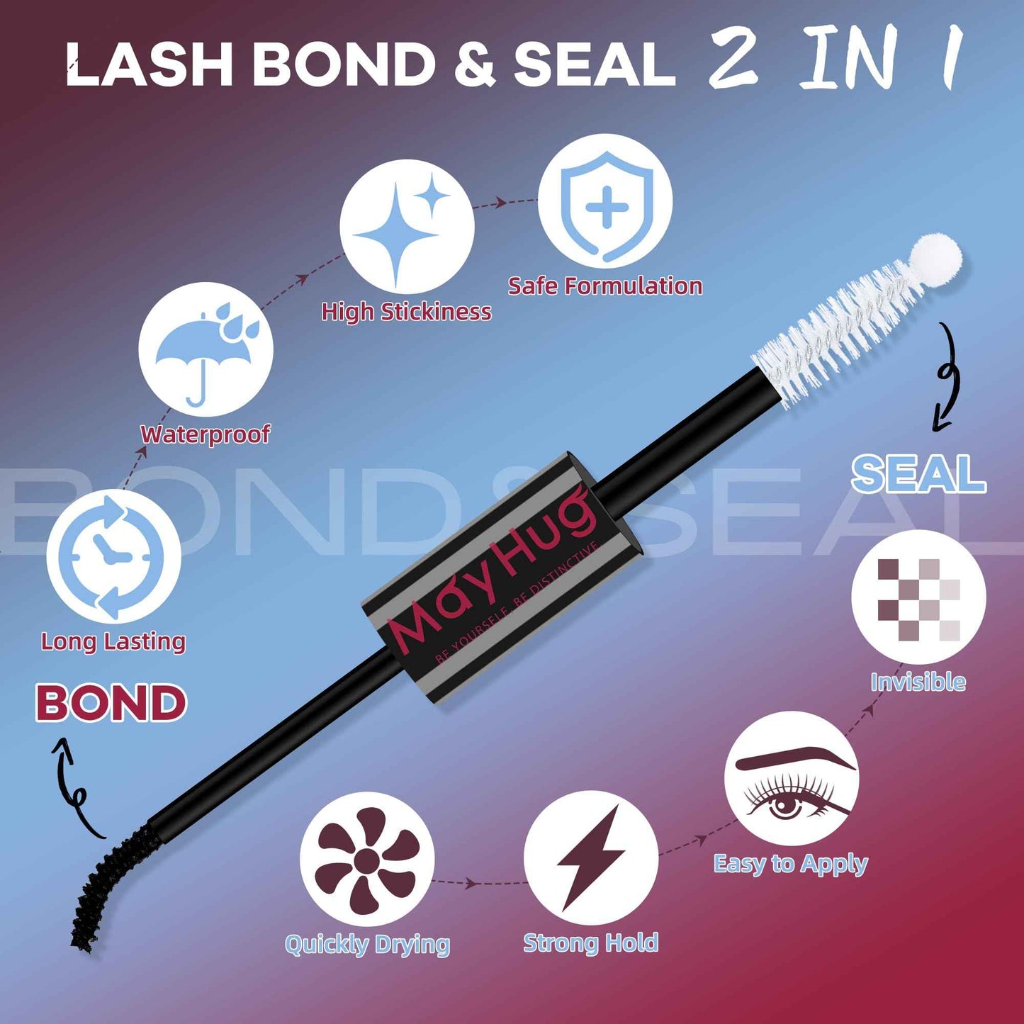 Mayhug Lash Bond and Seal Waterproof Lash Glue Long Lasting 72H Strong Hold Eyelash Glue for Clusters 2 in 1 Adhesive and Sealant DIY Lash Extension (5ml+5ml)