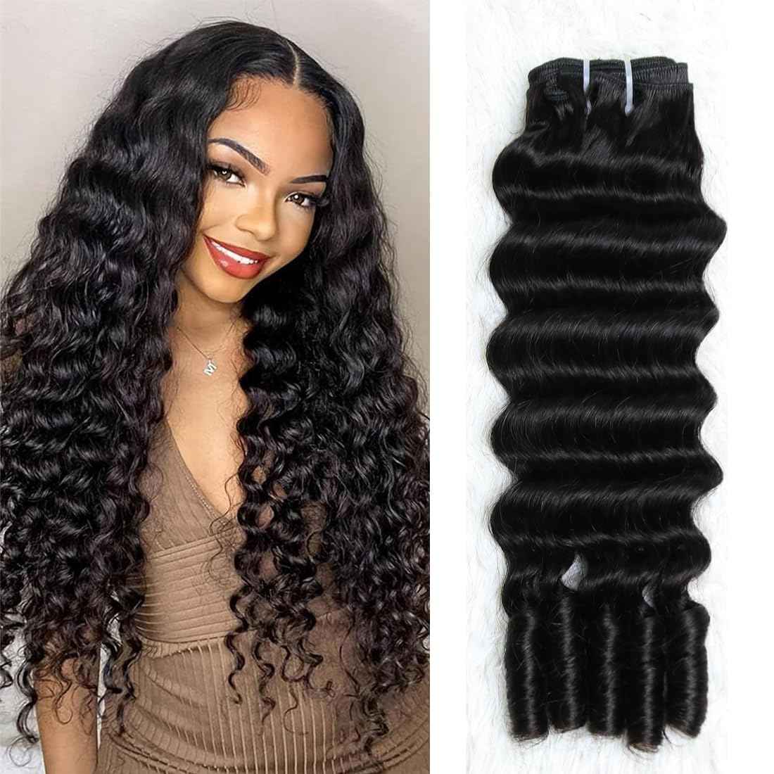 SWEETGIRL Deep Wave Human Hair Bundles Burmese Curly Bundles Human Hair Quick Weave with Spiral End Sew in Hair Extensions Real Virgin Remy Hair 18 Inches 1 Bundle Natural Color