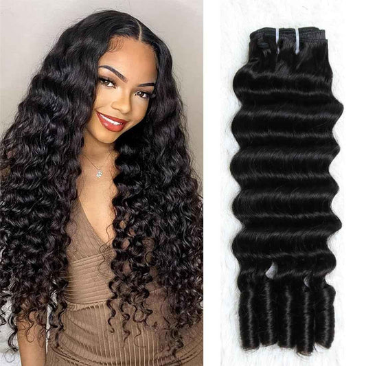 SWEETGIRL Deep Wave Human Hair Bundles Burmese Curly Bundles Human Hair Quick Weave with Spiral End Sew in Hair Extensions Real Virgin Remy Hair 18 Inches 1 Bundle Natural Color