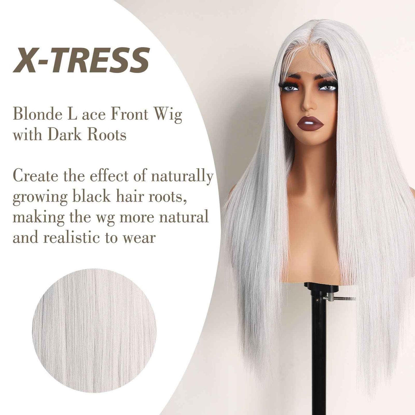 X-TRESS White Blonde Light Grey Glueless Lace Front Wig Pre Plucked Middle Part Straight Synthetic Lace Frontal Wigs 26 Inch Platinum Blonde Wigs