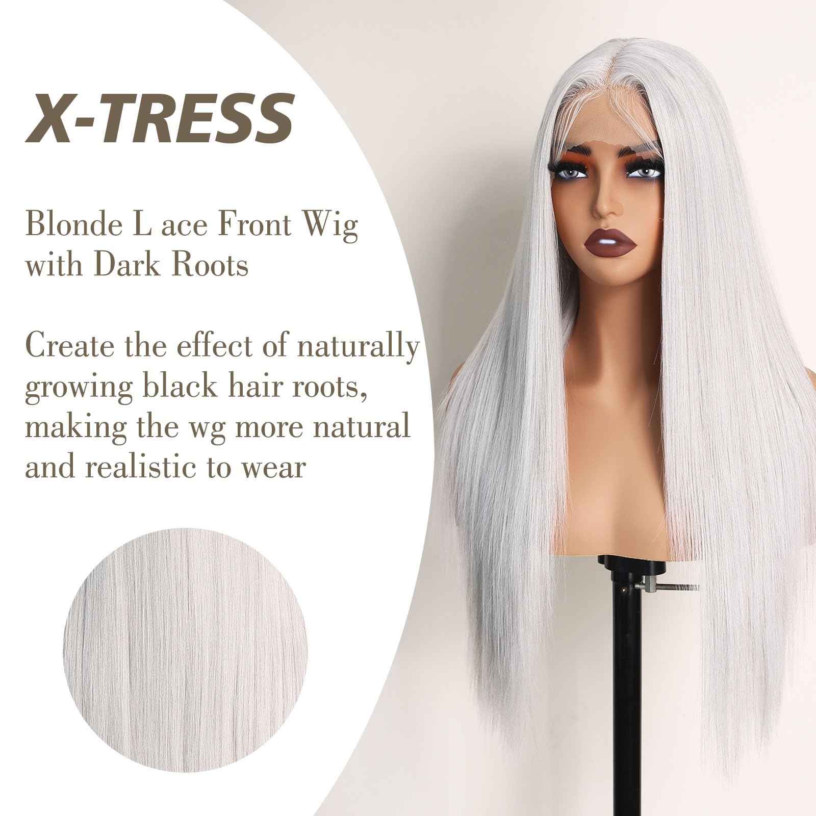 X-TRESS White Blonde Light Grey Glueless Lace Front Wig Pre Plucked Middle Part Straight Synthetic Lace Frontal Wigs 26 Inch Platinum Blonde Wigs