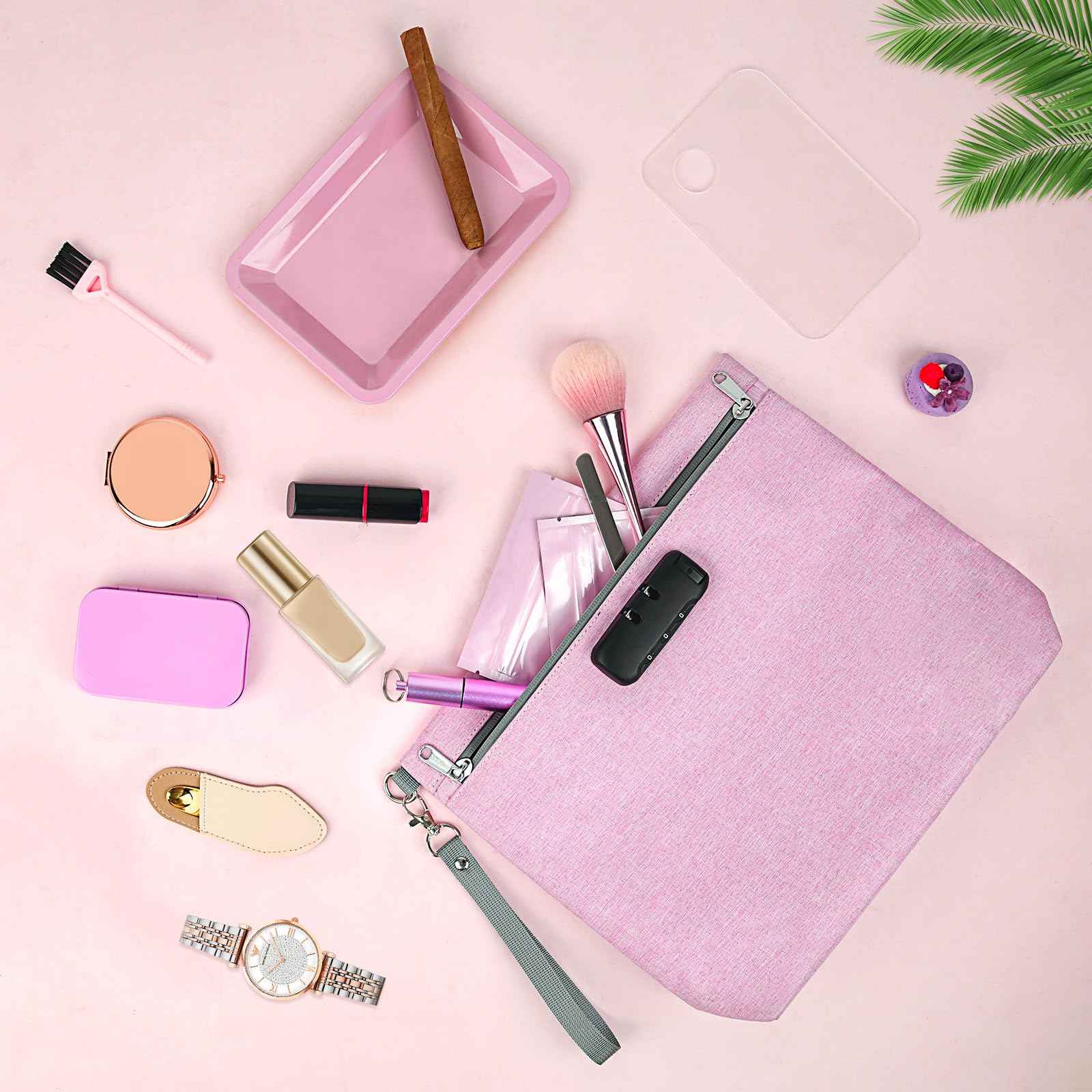 Pink Smell Proof Cosmetic Bag with 10 PCS Small Accessories, Water-Resistant Makeup Pouch with Combination Lock, Premium Organizers Storage Case, Great Gift for Women, Pink Set