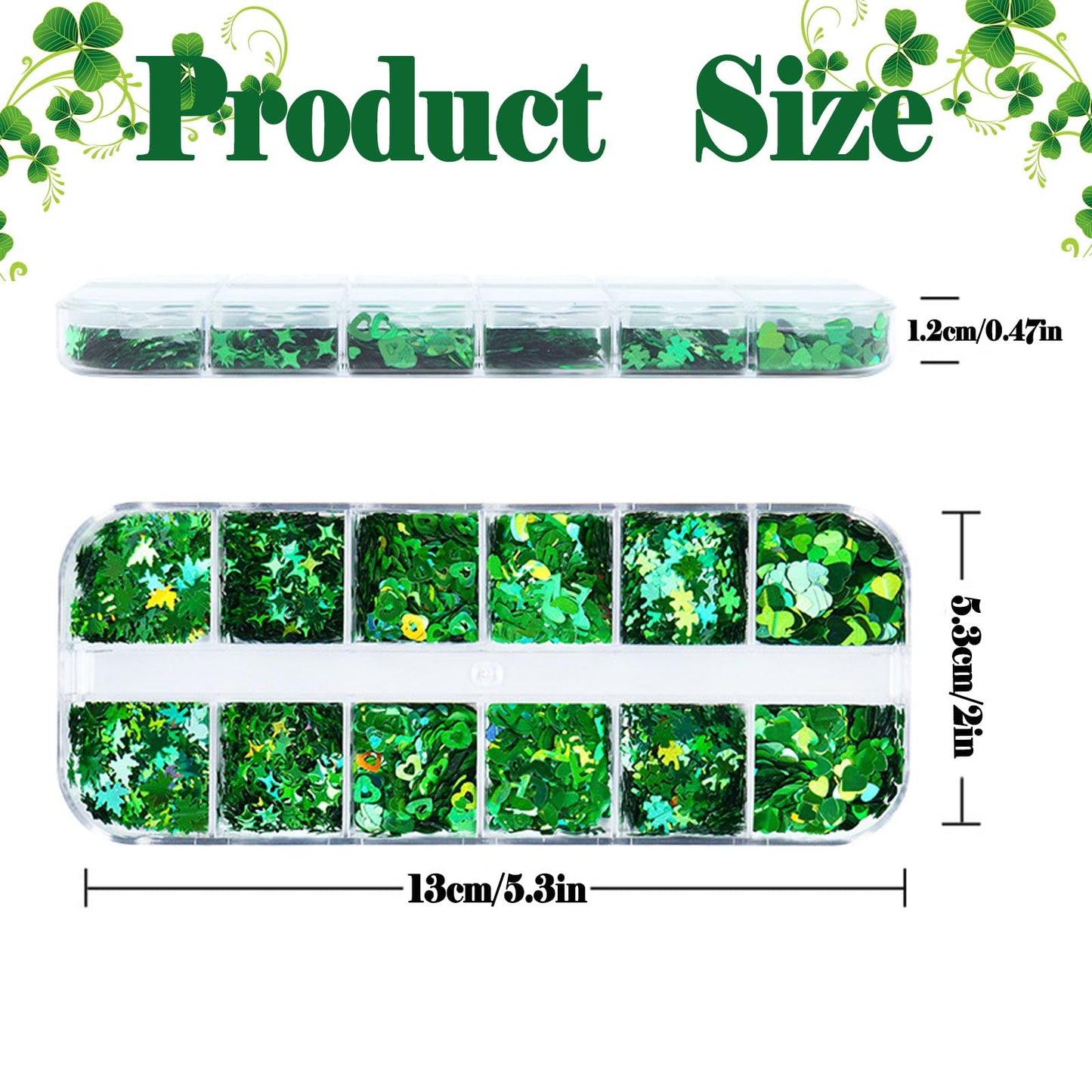 2 Boxes St. Patrick's Day Nail Art Glitters Sequins, Holographic Shamrock Nail Glitters Sequins Stars Heart Shape Designs for St. Patrick's Day Manicure Accessories(Green)