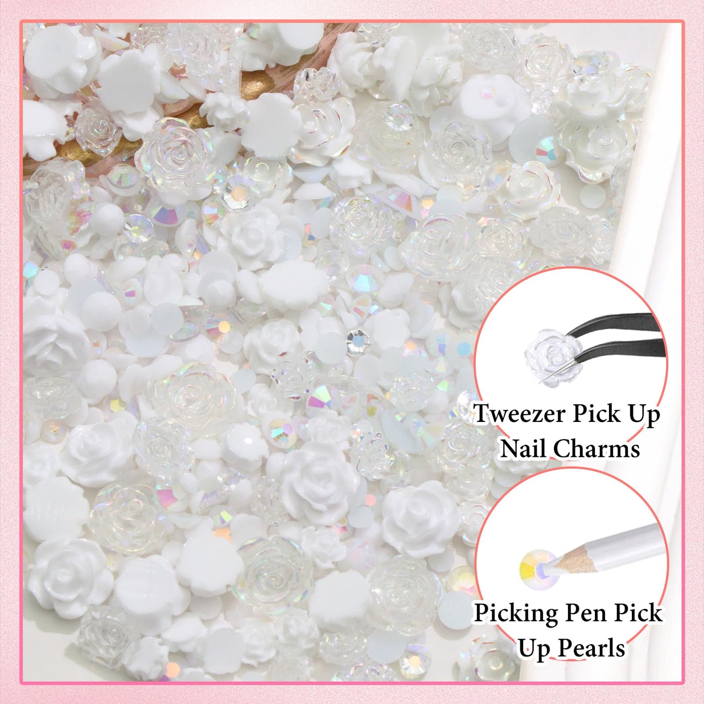 RODAKY Flower Nail Charms and Flatback Rhinestone with B7000 Glue,Assorted Resin Nail Flower Charms for Acrylic Nails Design,White Cute Rose Nail Art Flowers for Nail Jewels DIY Nail Art Decoration